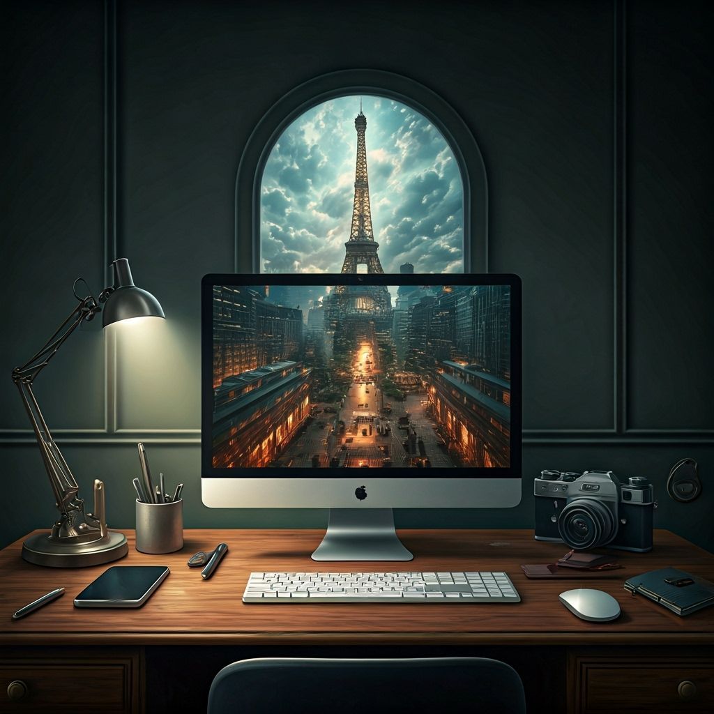 1940s Paris Office with Modern Tech, Digital Art