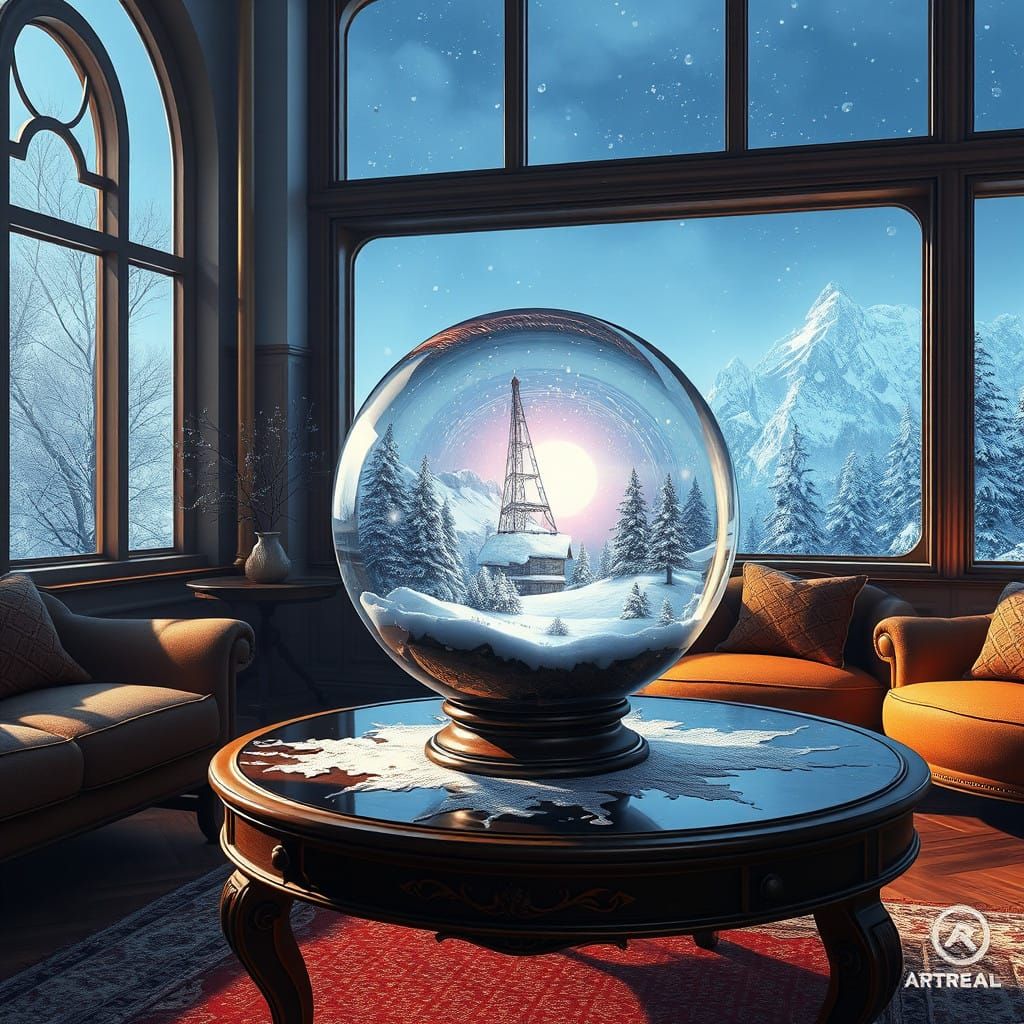 Ethereal Snowscape Glass Globe in a Cozy Living Room