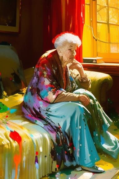 Sad Old Woman Portrait in Expressive Painting Style