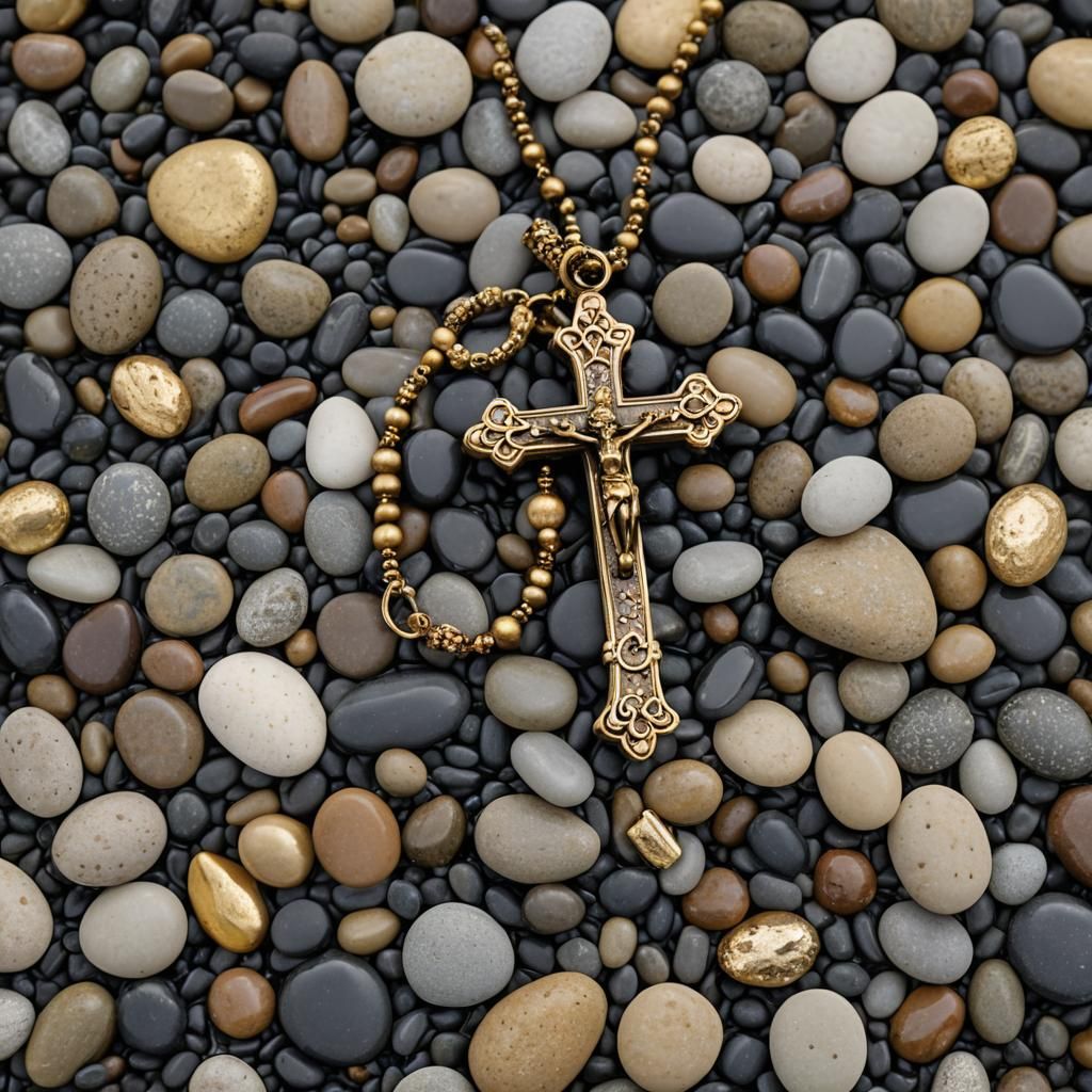 Antique Gold Cross on Pebbles by Stream