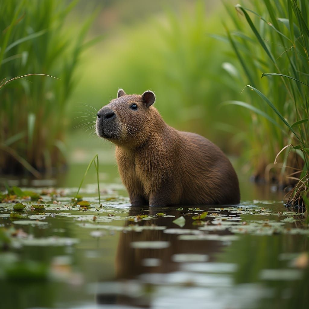 Capybara in Lush Wetland: Photorealistic Image