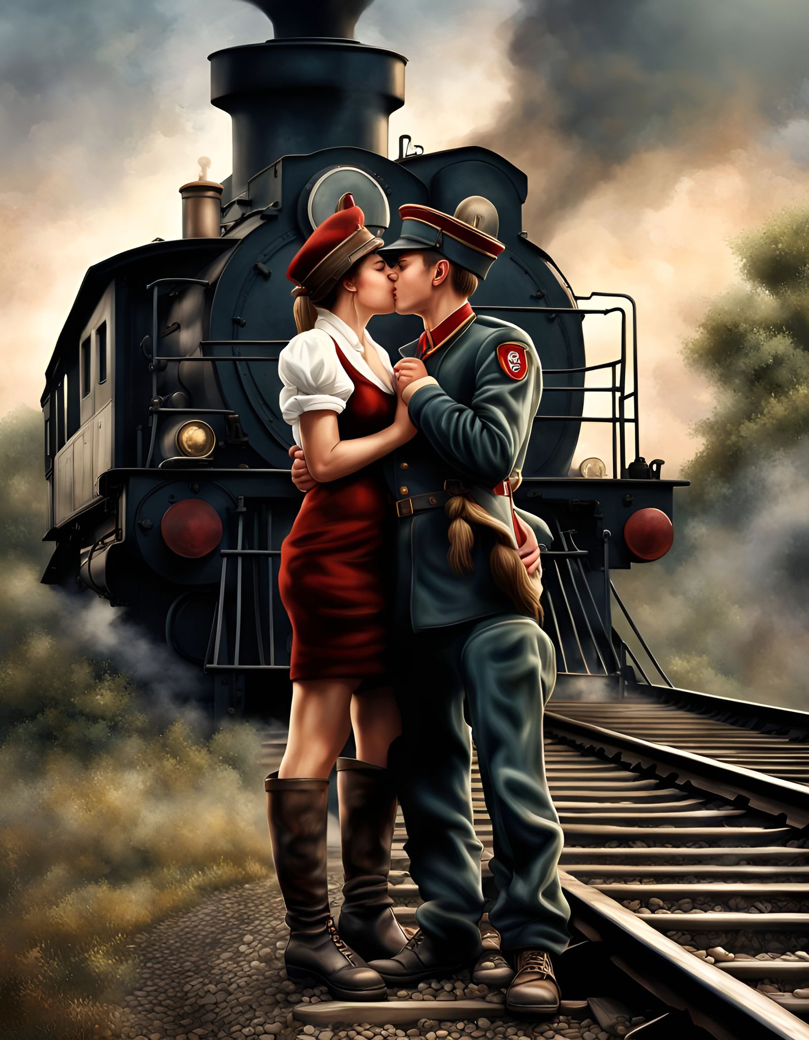 Farewell Kiss: A Detailed Matte Painting of Love and War