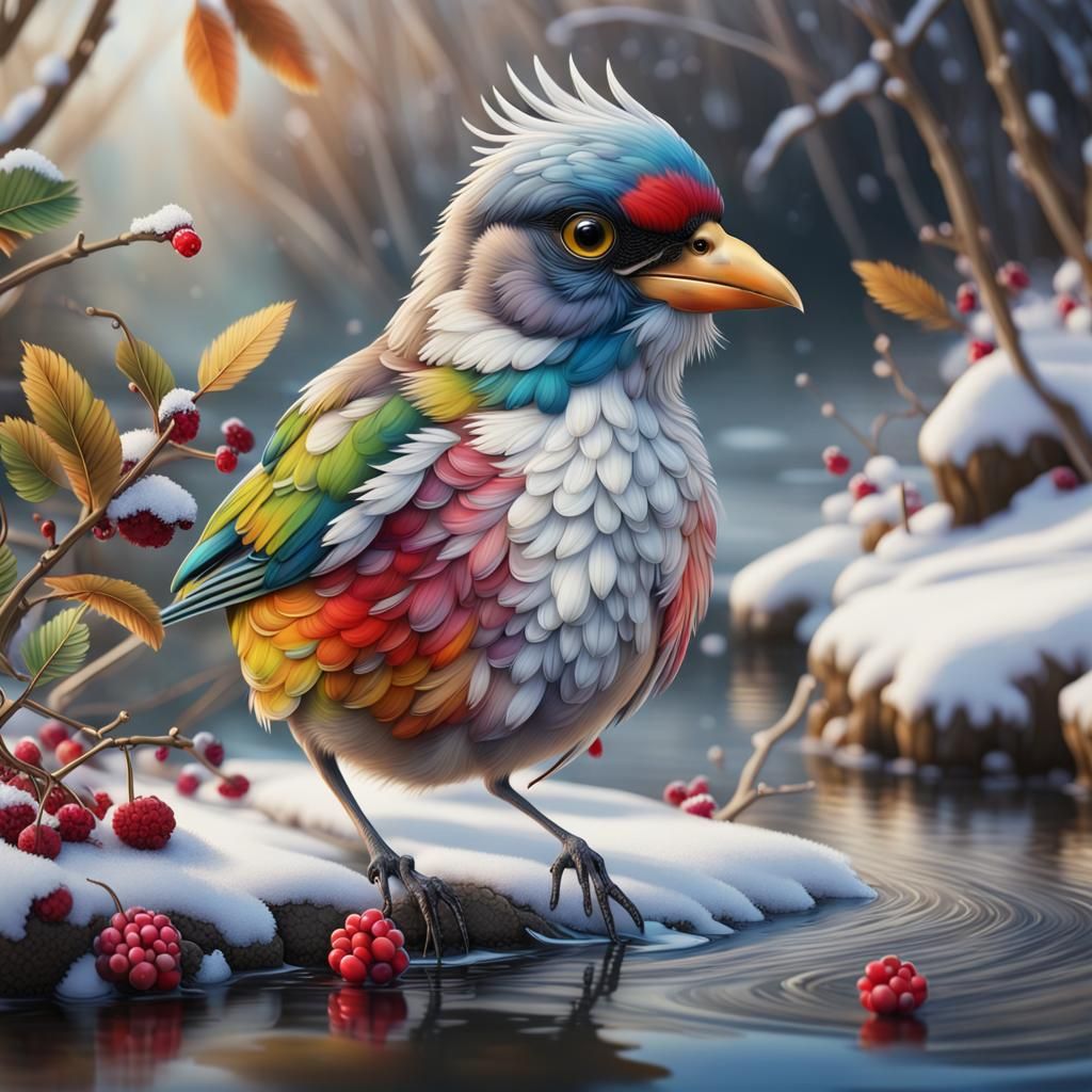 Detailed 3D Bird in Winter River Scene
