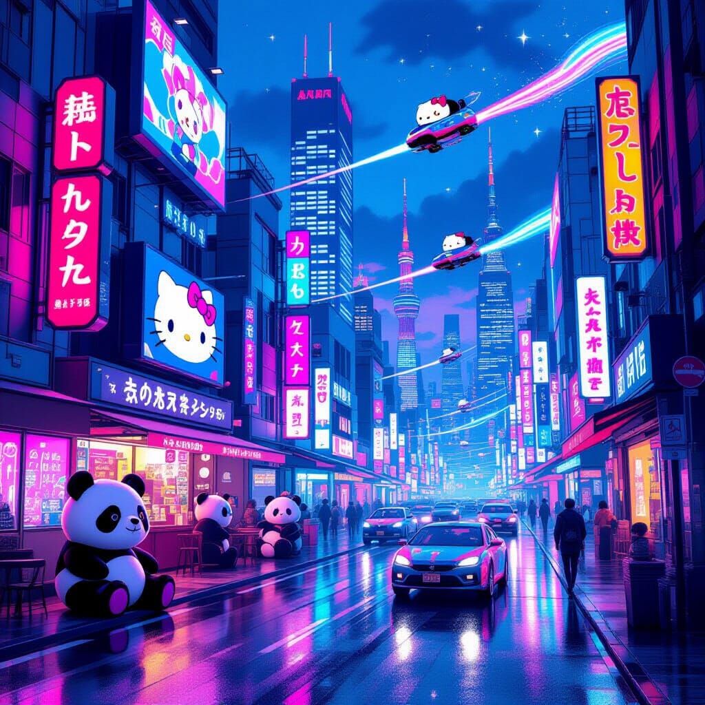 Kawaii Cyberpunk Cafe with Panda Plushies