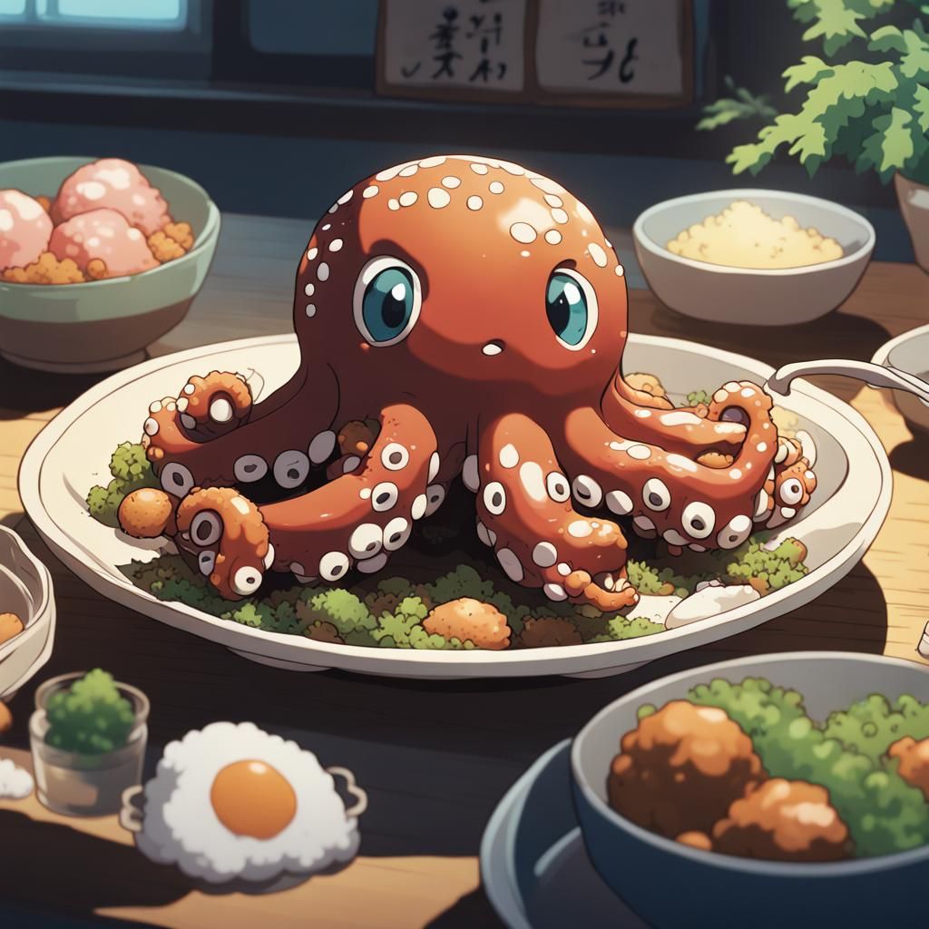 Cute Takoyaki Octopus in Studio Ghibli Style