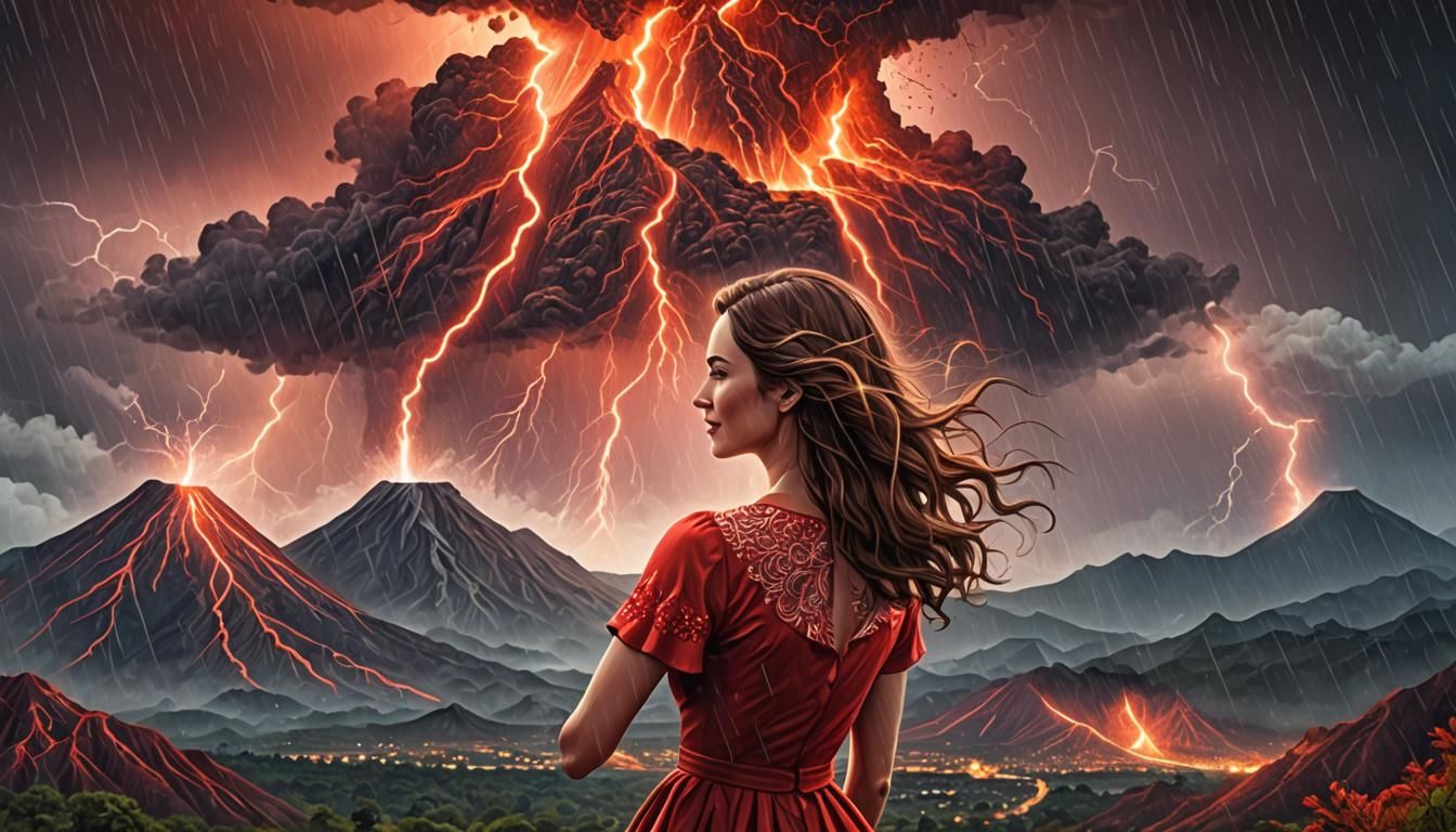 Woman in Red Dress Smiles Amidst Volcanic Lightning