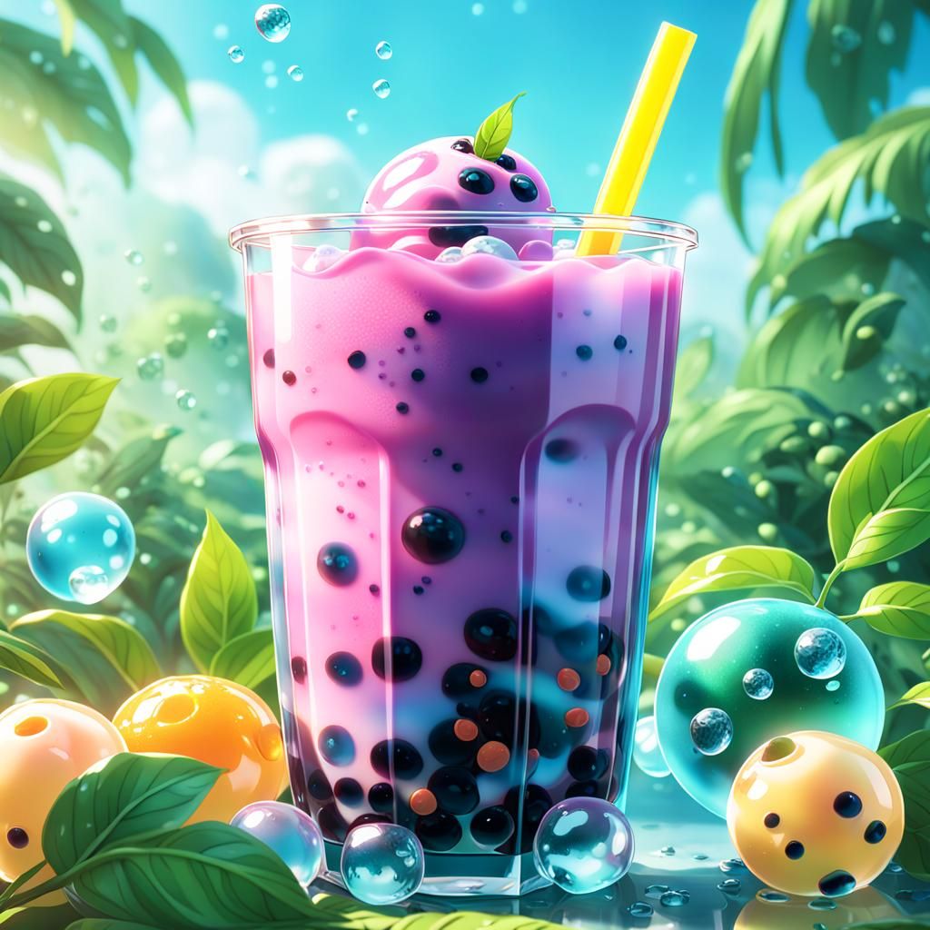 Vibrant 3D Anime Bubble Tea with Boba