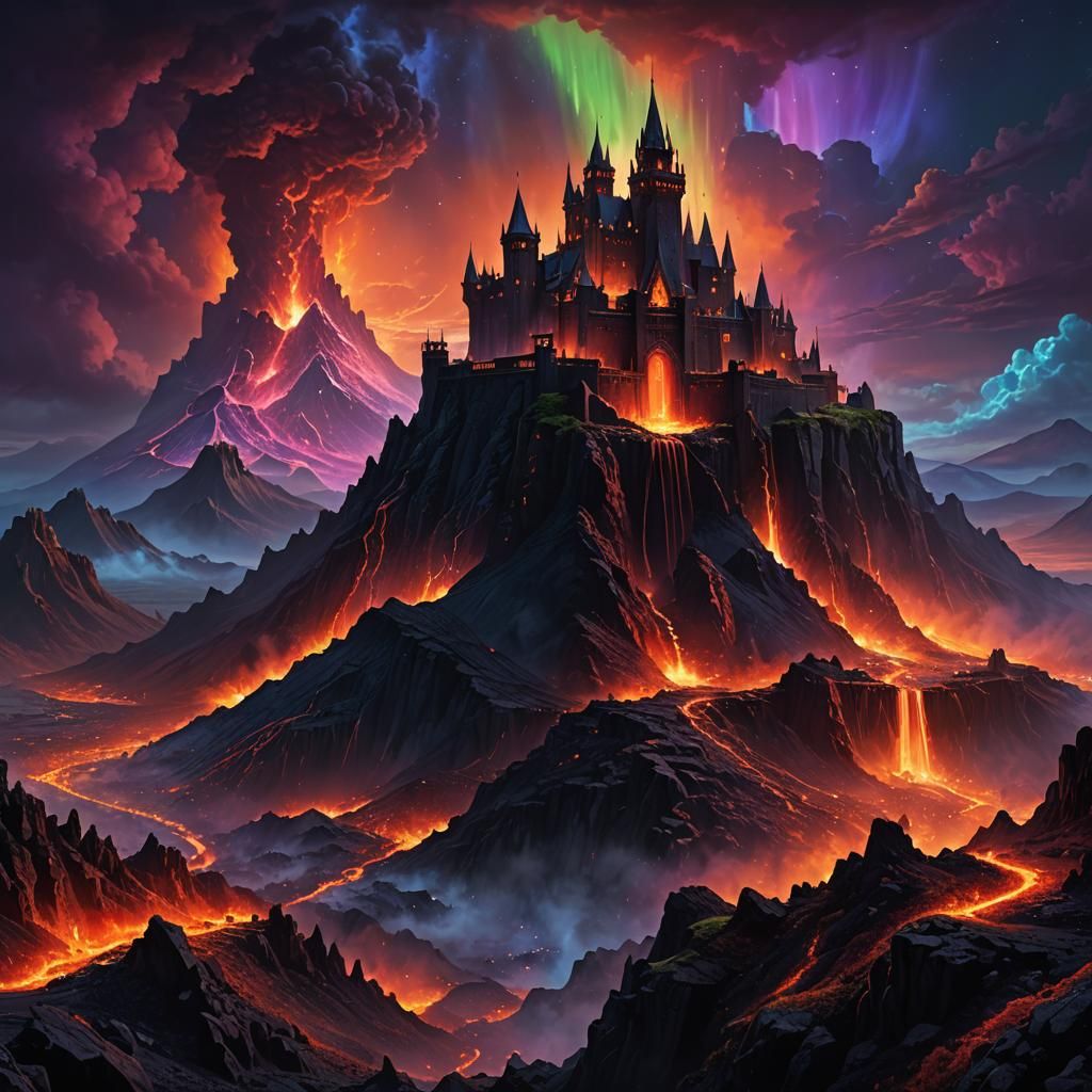 Gothic Volcano Fortress Under Aurora Sky