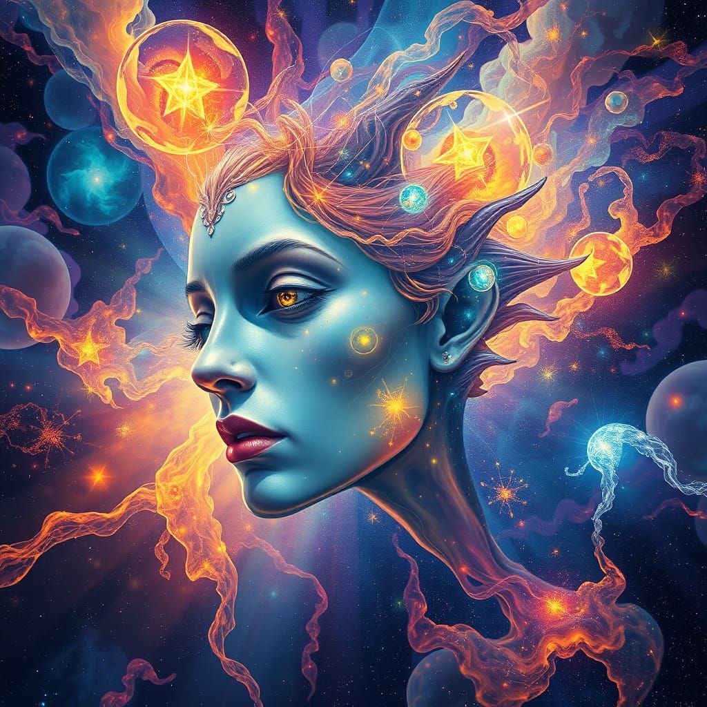 Ethereal Cosmic Entity in Vibrant Shamanic Style