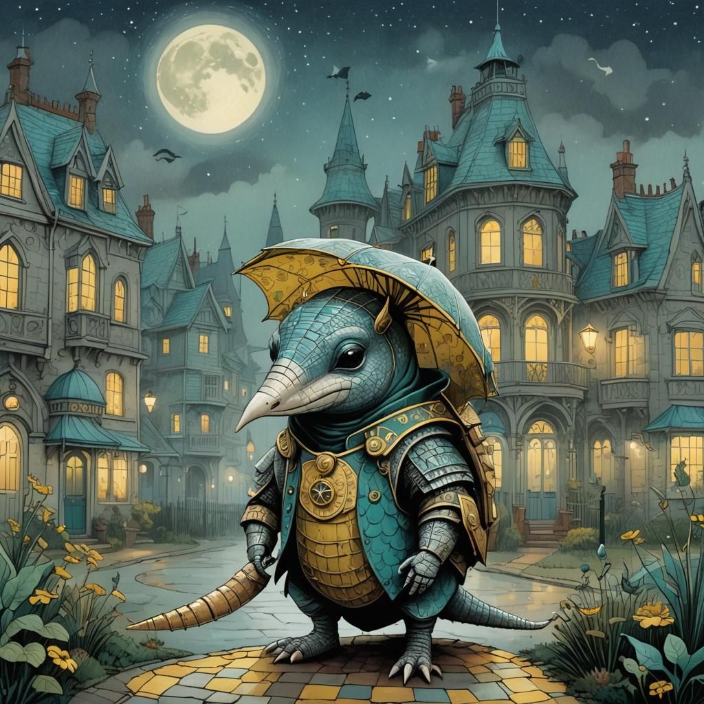 Armoured Armadillo on Misty Island in Surrealist Style