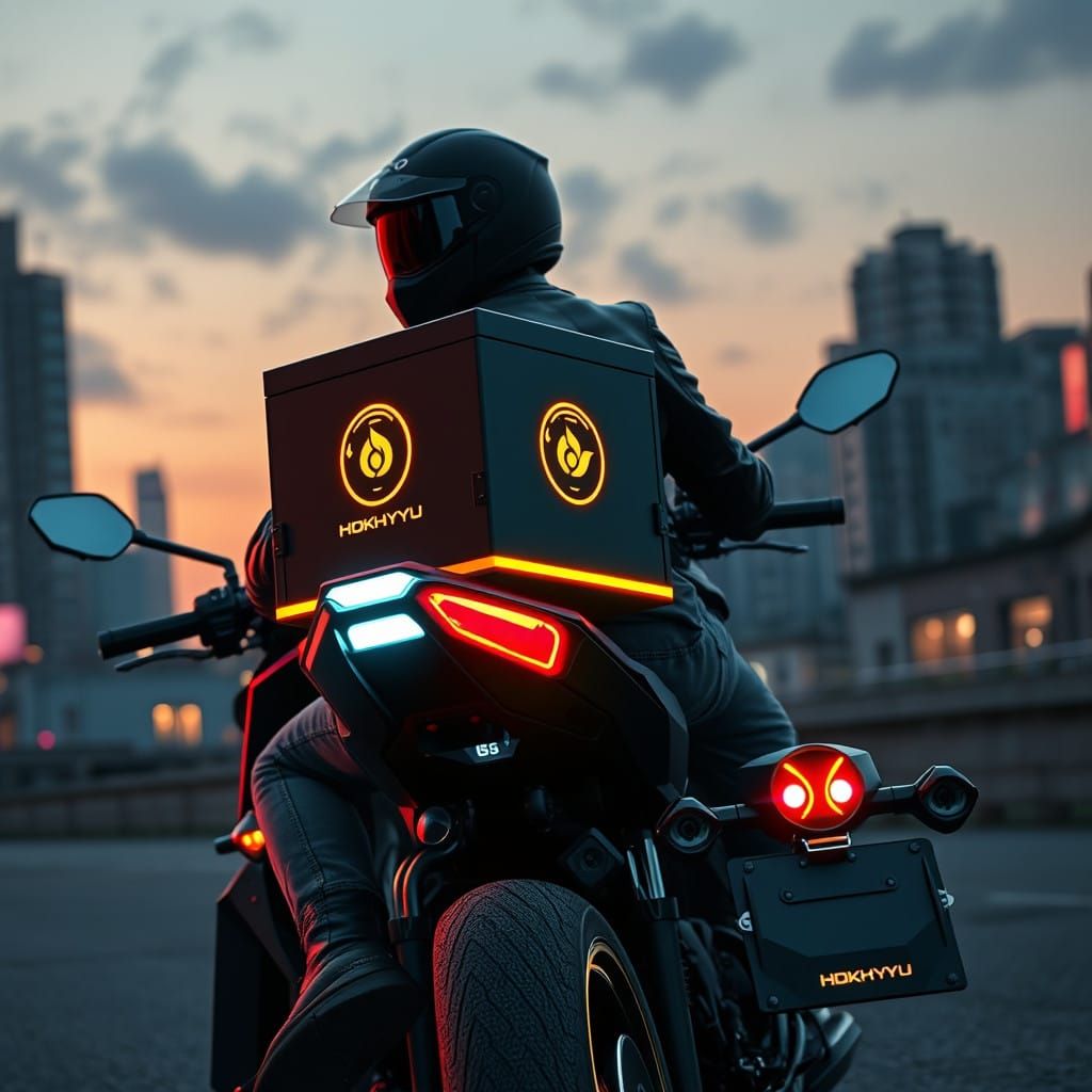 High-Tech Coffee Box on a Neon-Lit Motorcycle