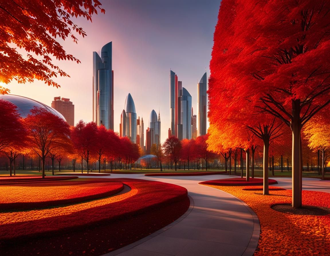 Autumn Park in Futuristic City at Magic Hour