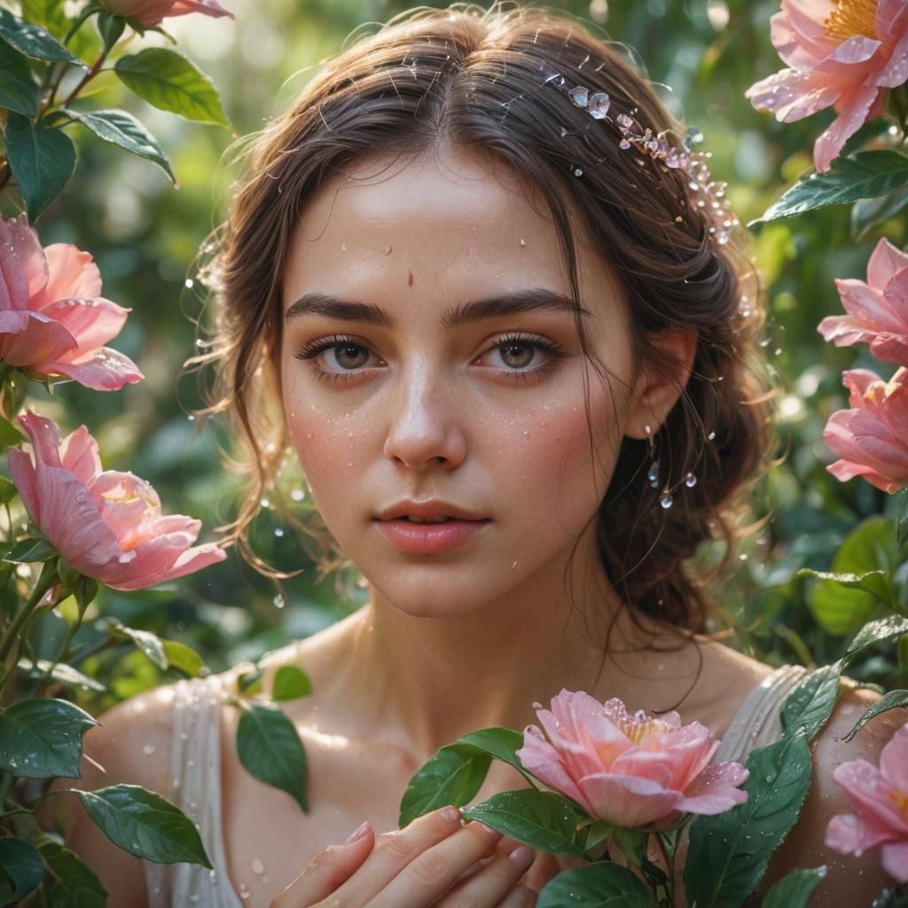 Delicate Feminine Figure Tending a Lush Garden