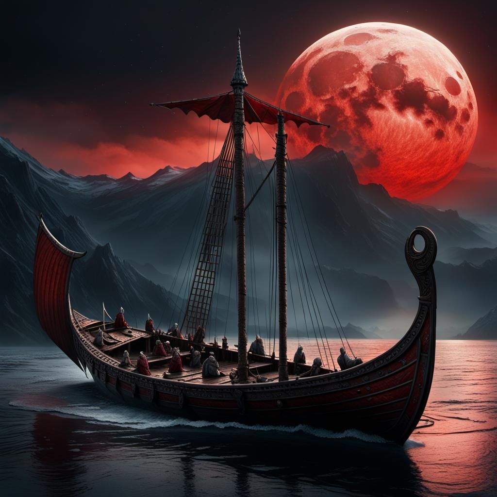 Viking Longboat Under Red Moon: Digital Matte Painting
