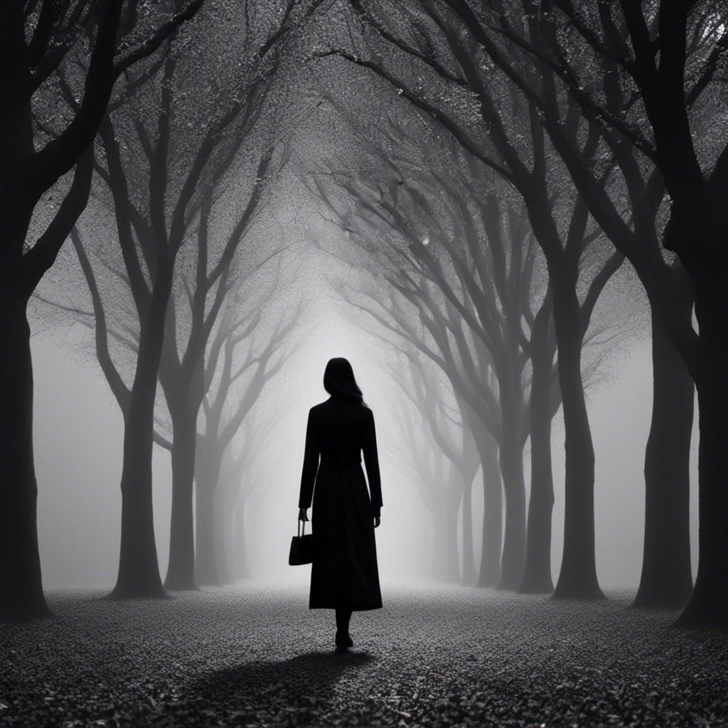 Minimalist Monochrome: Woman's Night Walk in Park