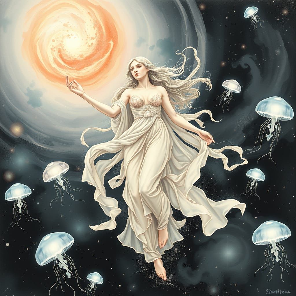 Aphrodite Emerges from Nebula as Watercolor