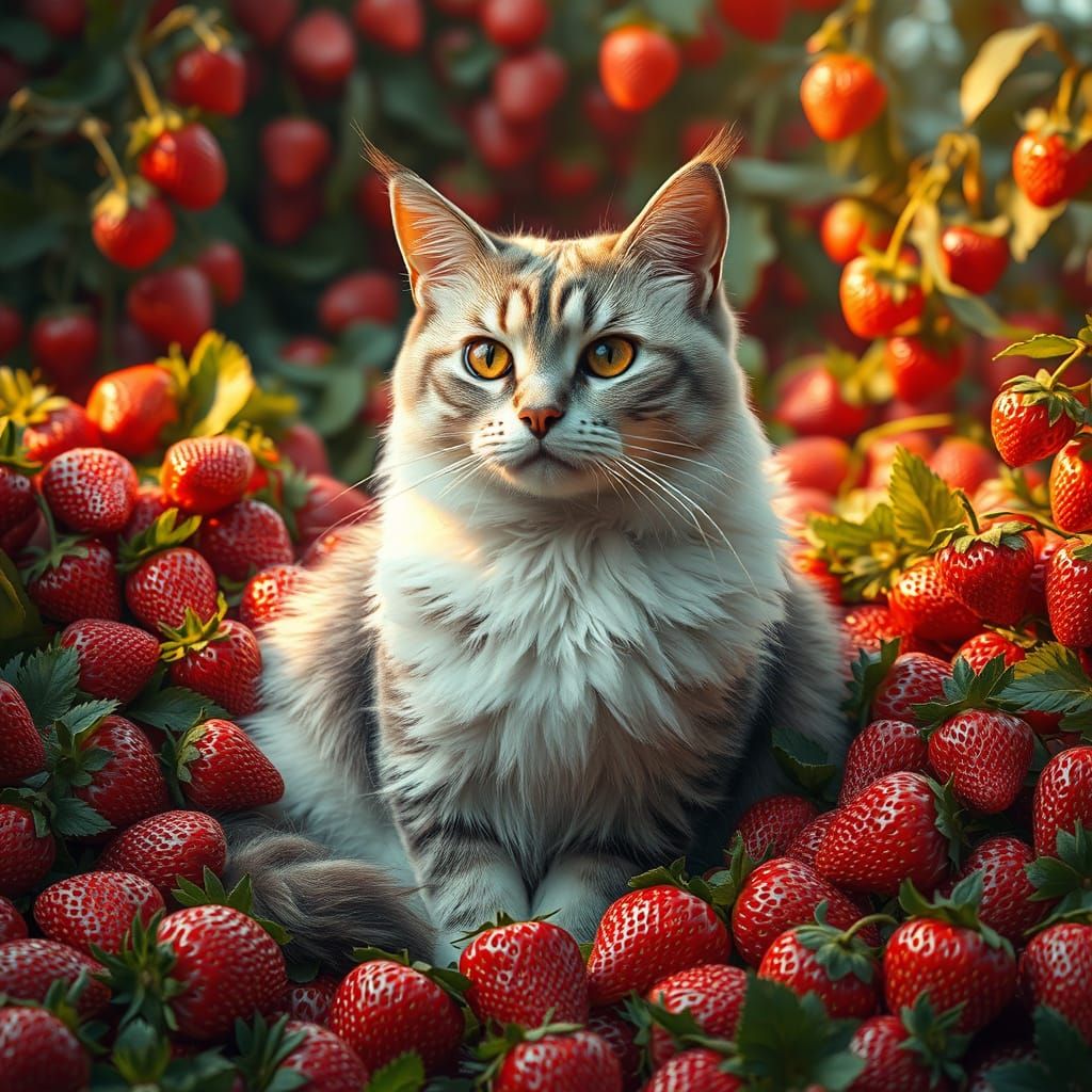 Regal Cat Amidst Vibrant Strawberry Tapestry