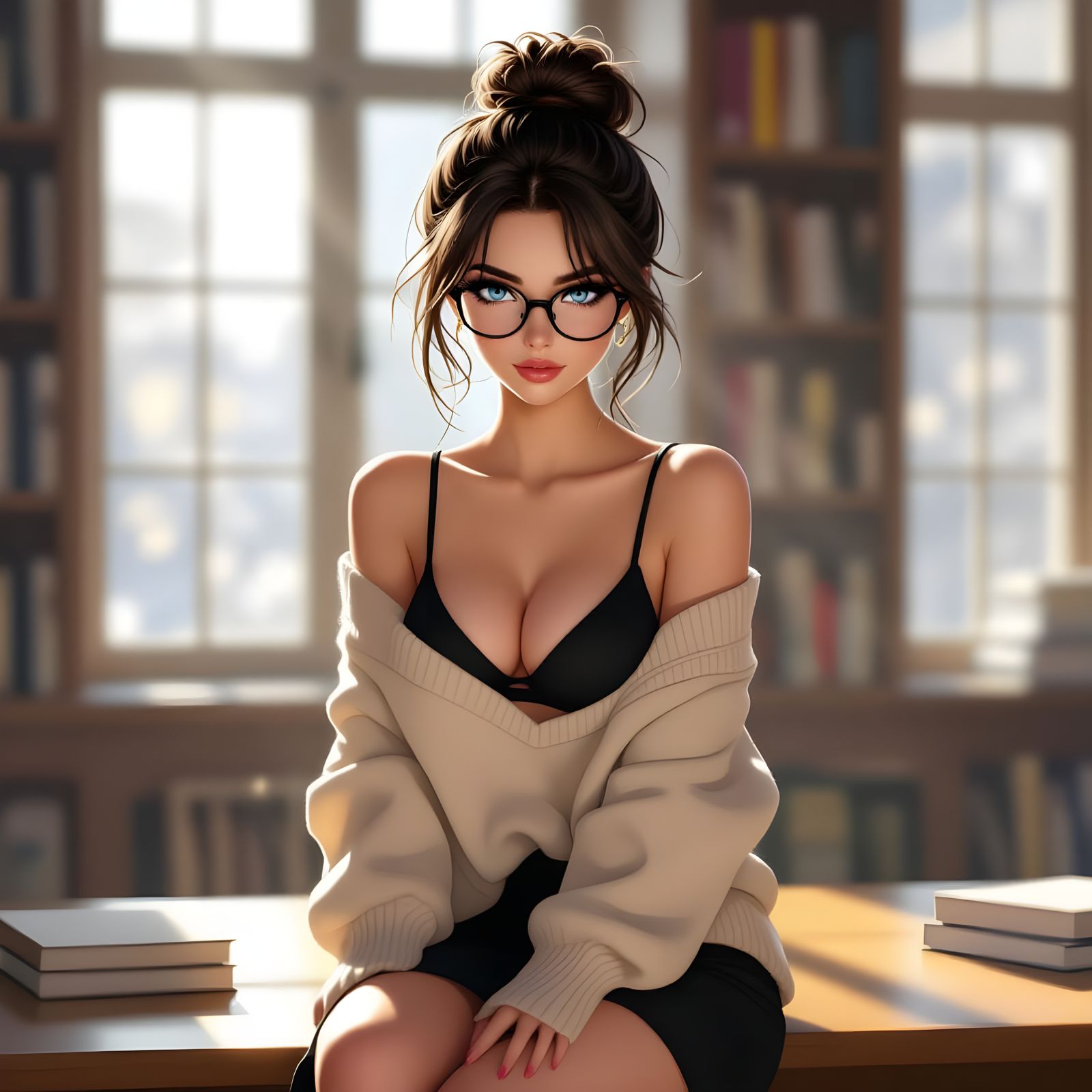 Sultry Librarian in Dramatic Library Light 3D Anime Style