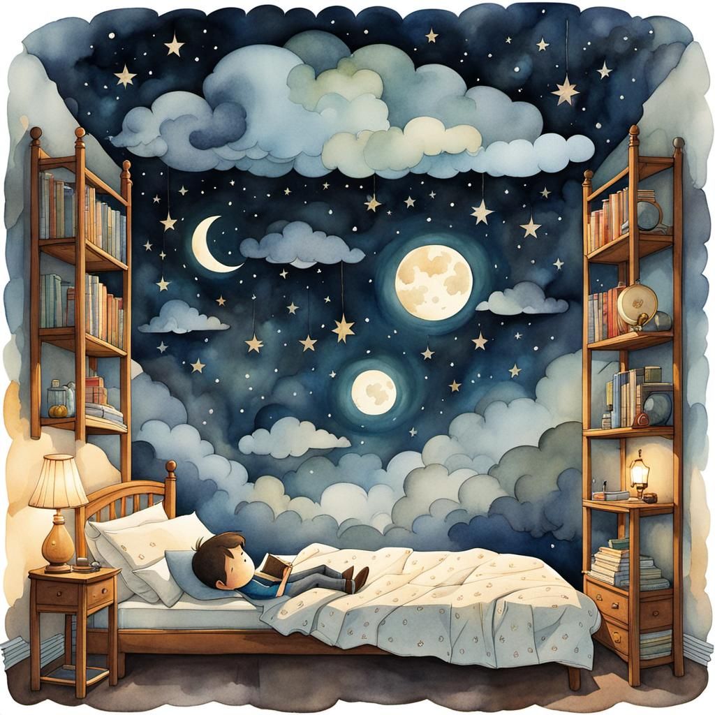 Whimsical Upside-Down Bedroom: Ink and Watercolor Illustrati...