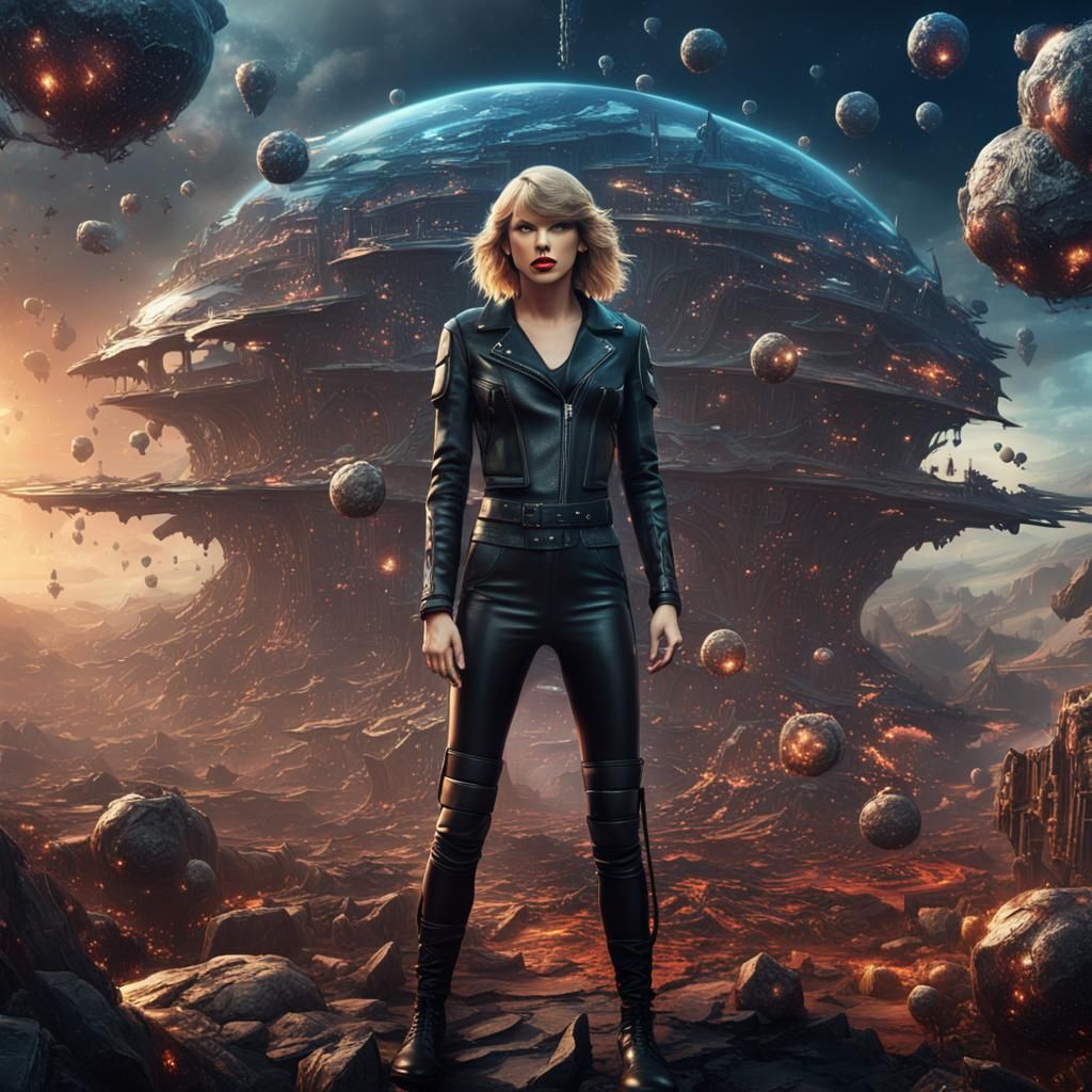 Taylor Swift Surrounded by Satellites: Detailed Digital Art