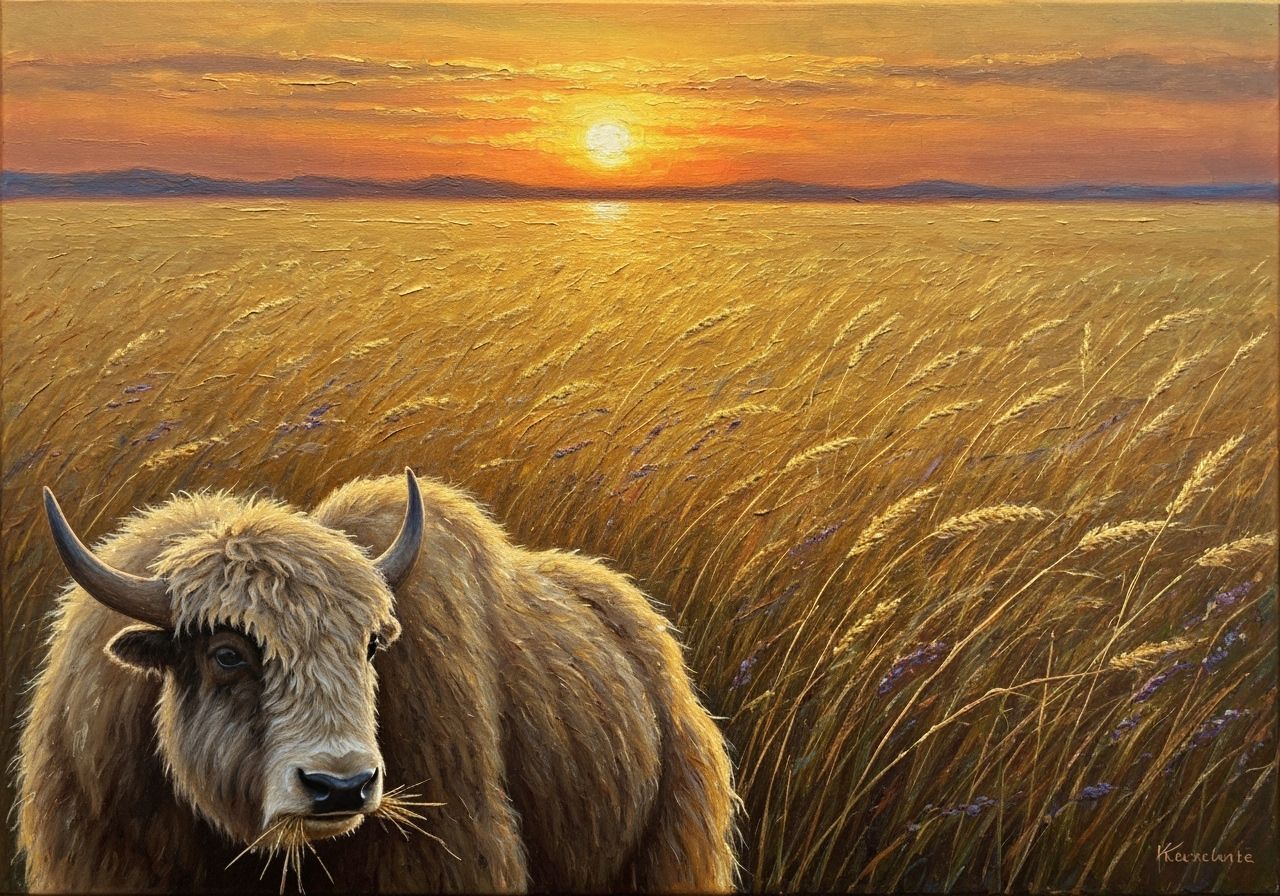 Golden Yak in Encaustic Landscape