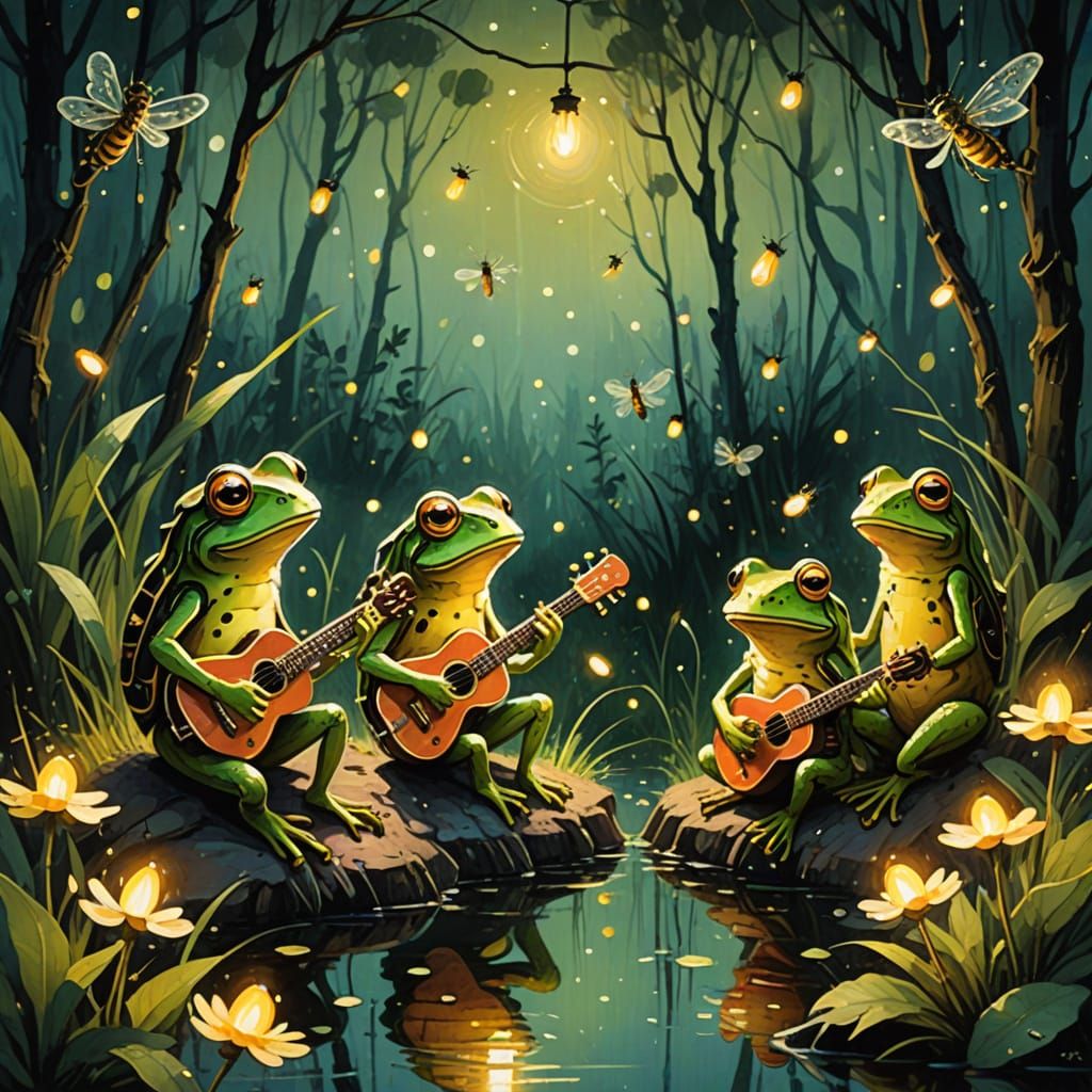 Frogs Play Music on Firefly Stage in Fairytale Style