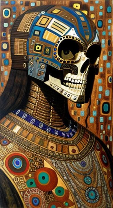Skullface Robot Horse in Klimt-Giger Style