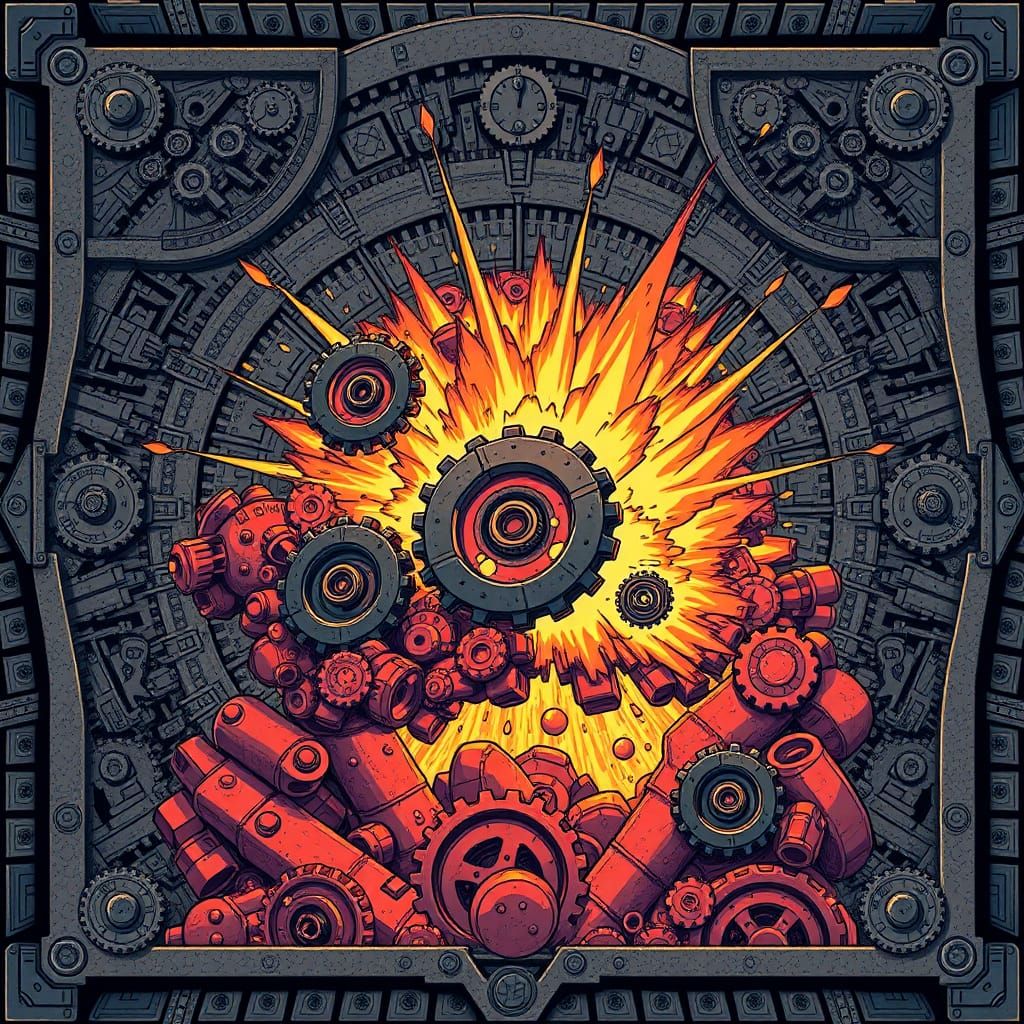 Cartoon Explosion of Interlocking Cogs Illustration