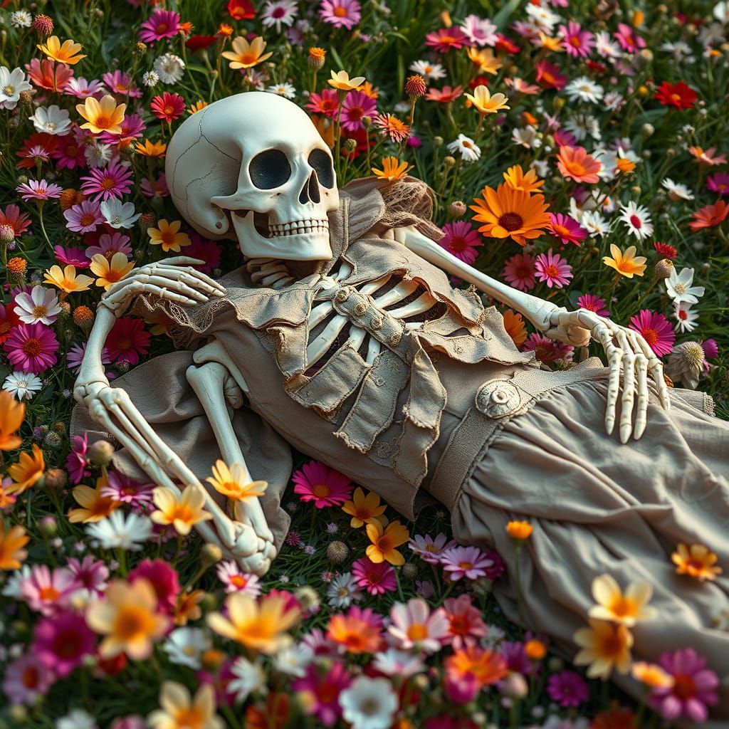 Victorian Skeleton in Flower Field: Whimsical Art