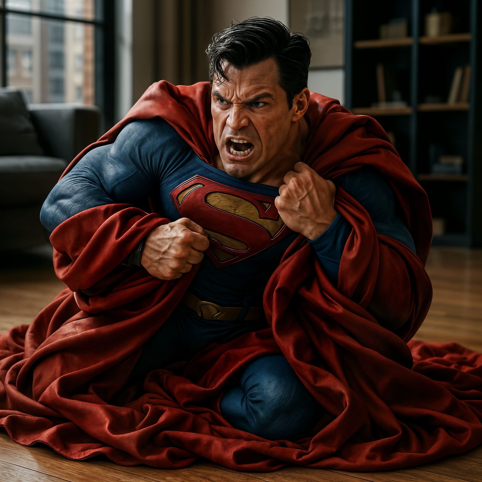 Angry Superman Tangled in Cape: Highly Detailed CGI