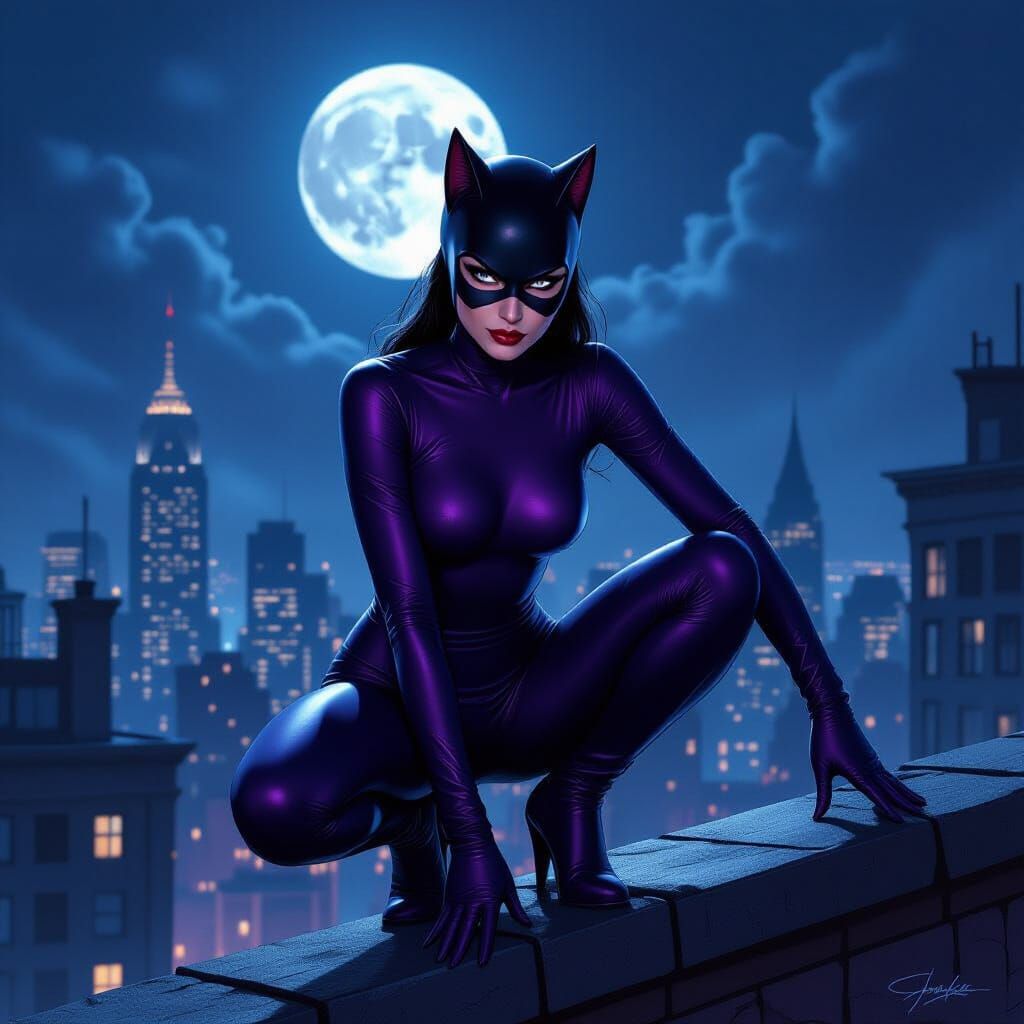 Catwoman on Gotham Rooftop in Purple Catsuit