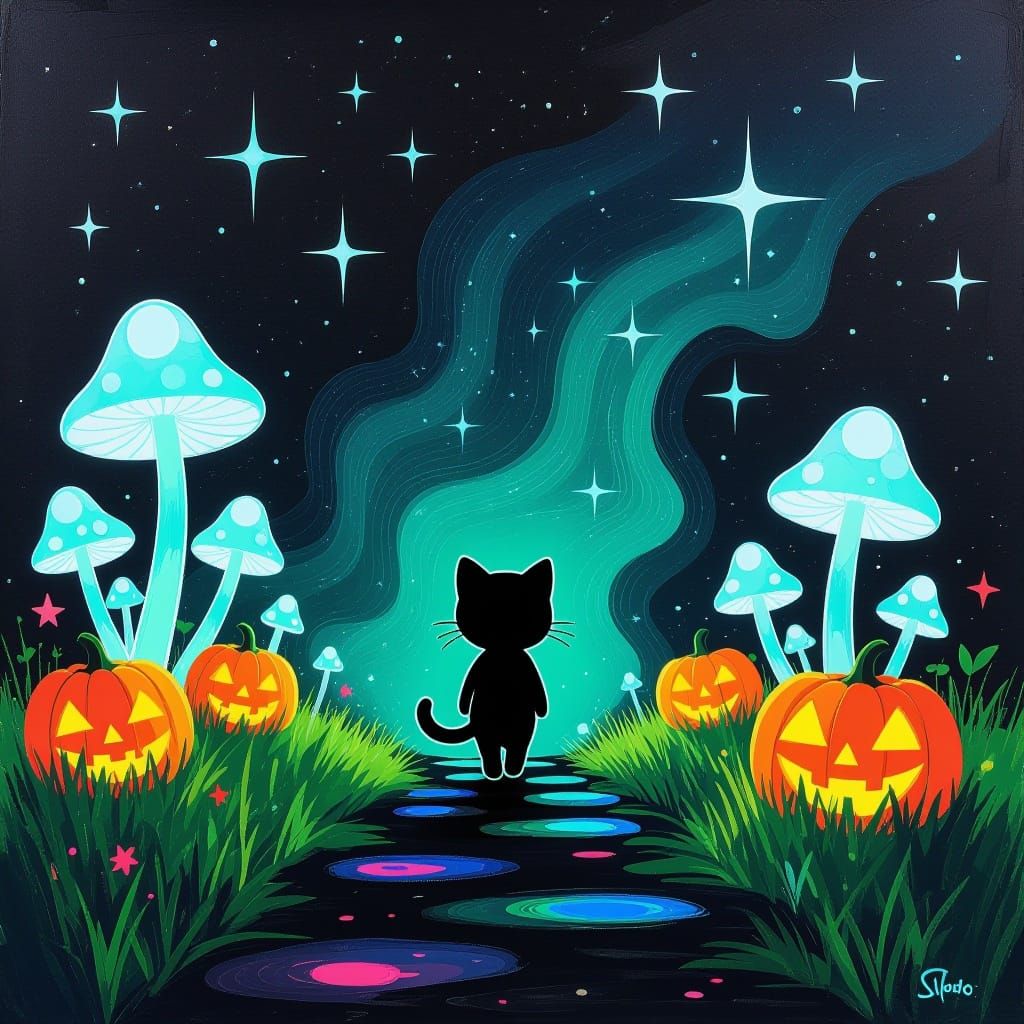 Chibi Kitten Silhouette on Starry Path
