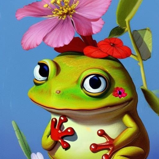 Adorable Frog with Flower, Whimsical Digital Painting