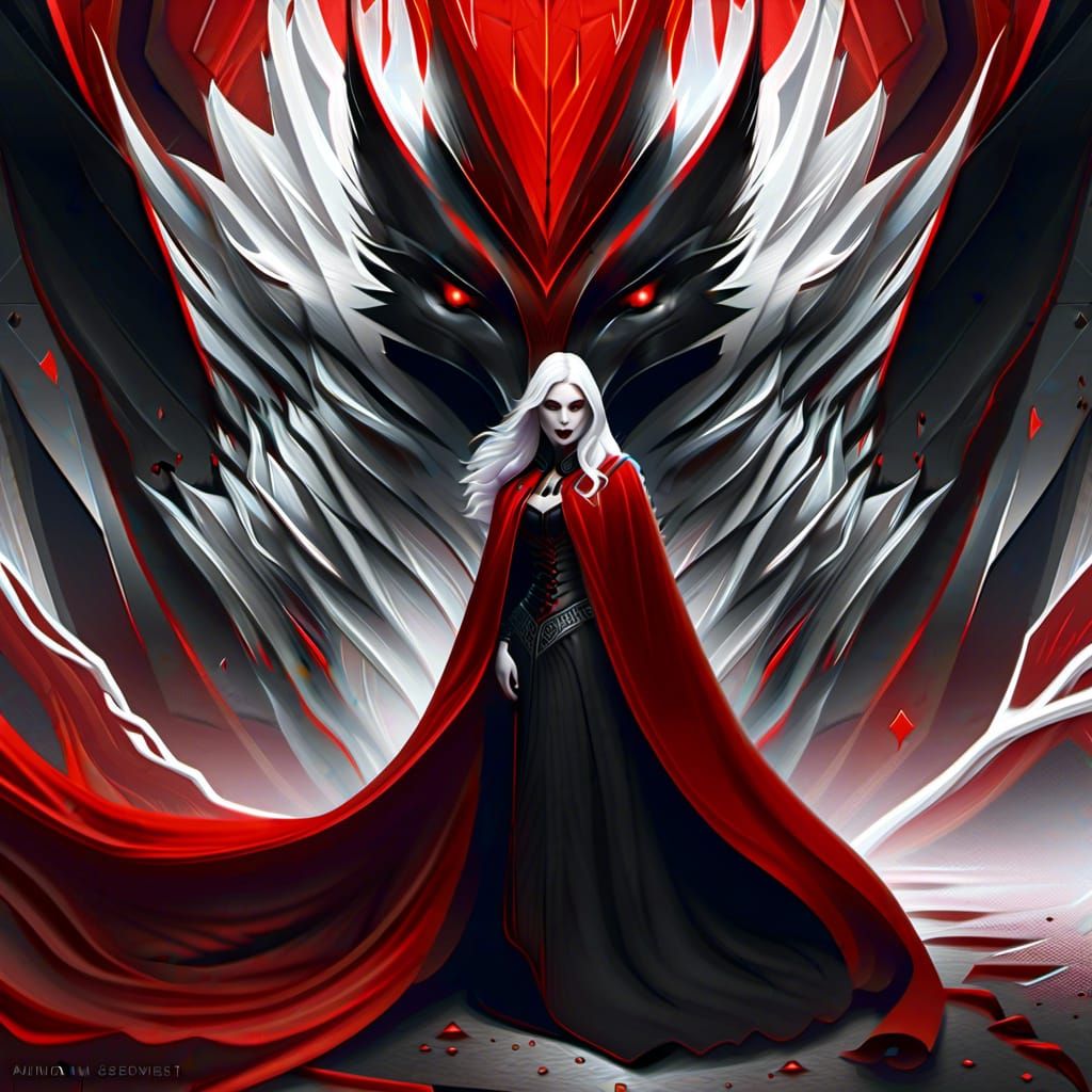 Gothic Woman with Red Cape and White Wolf