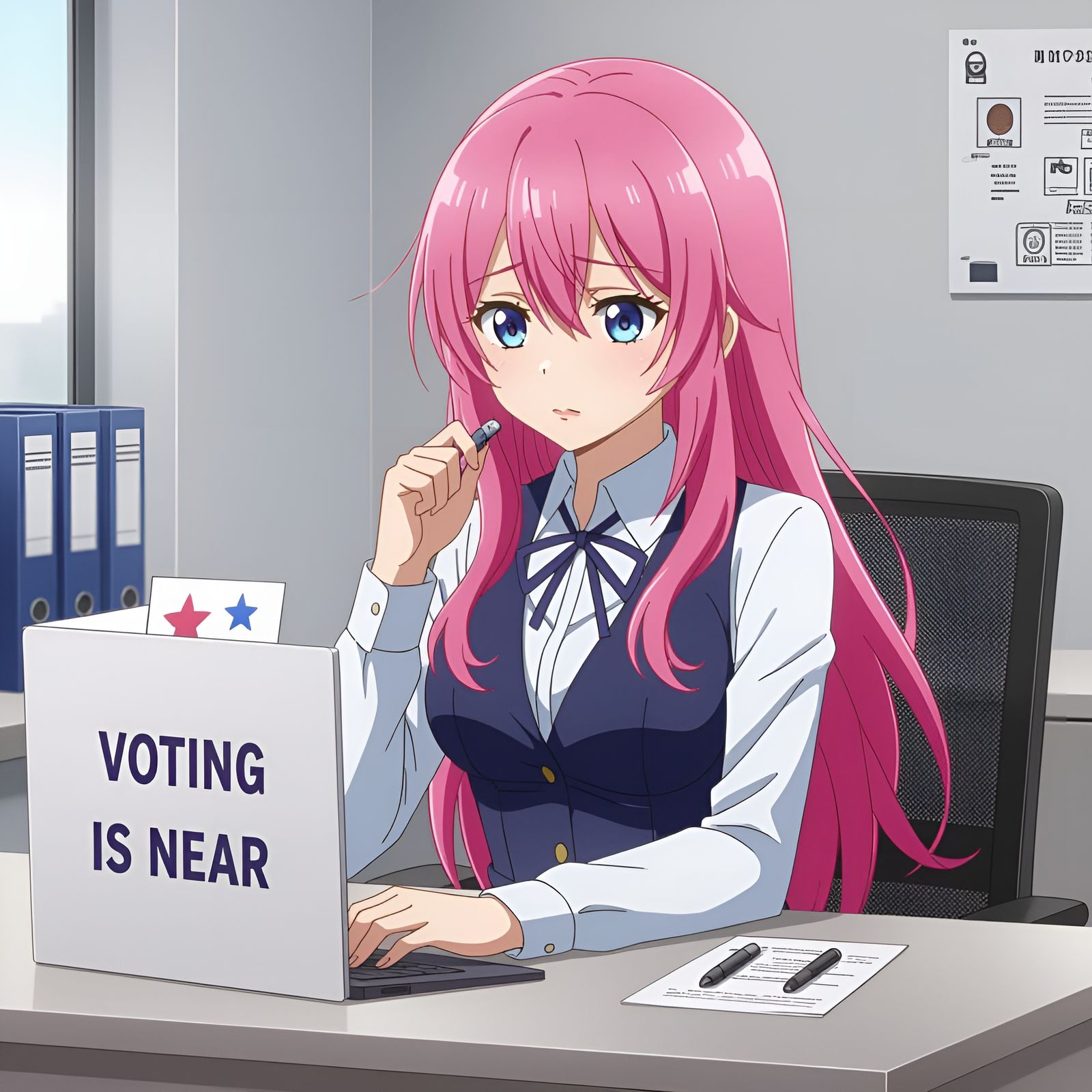 Nervous Anime Secretary with Voting Message