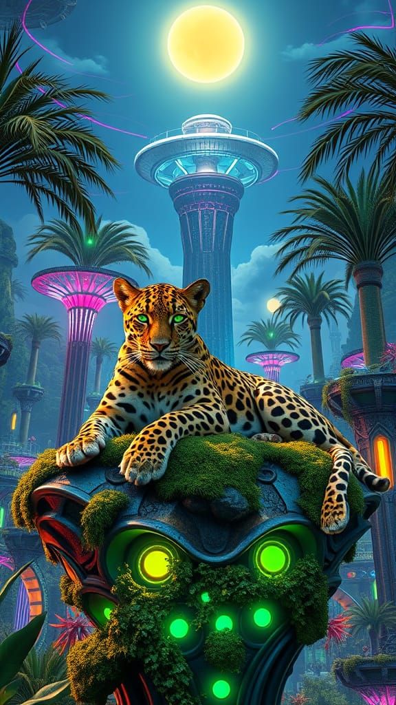 Regal Leopard in Cyberpunk Babylonian Oasis