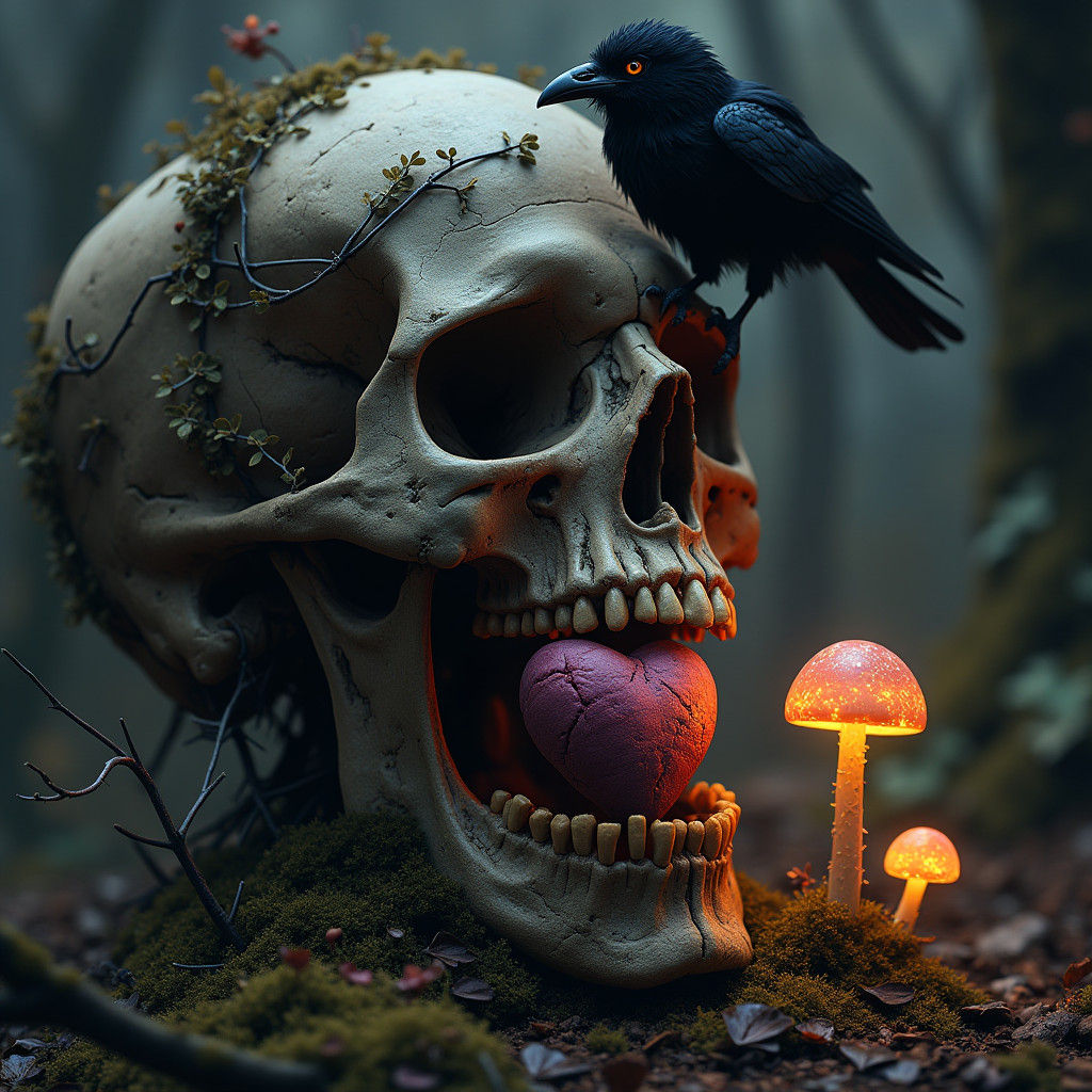 Skull, Heart, and Crow in Dark Fantasy Style