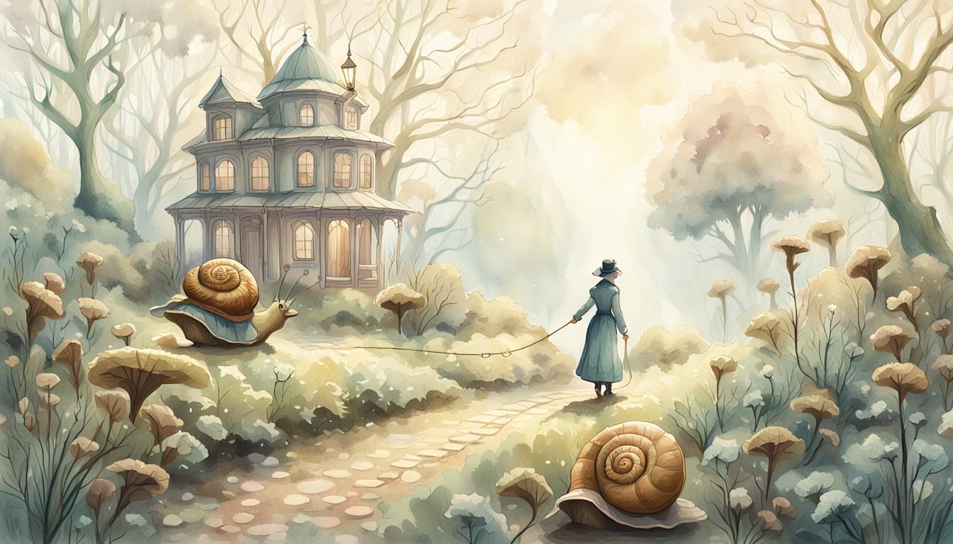 Victorian Person Walks Snail in Watercolor Garden