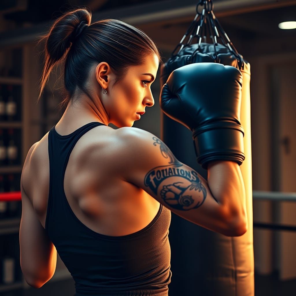 Detailed Tattooed Boxer Punches Heavy Bag