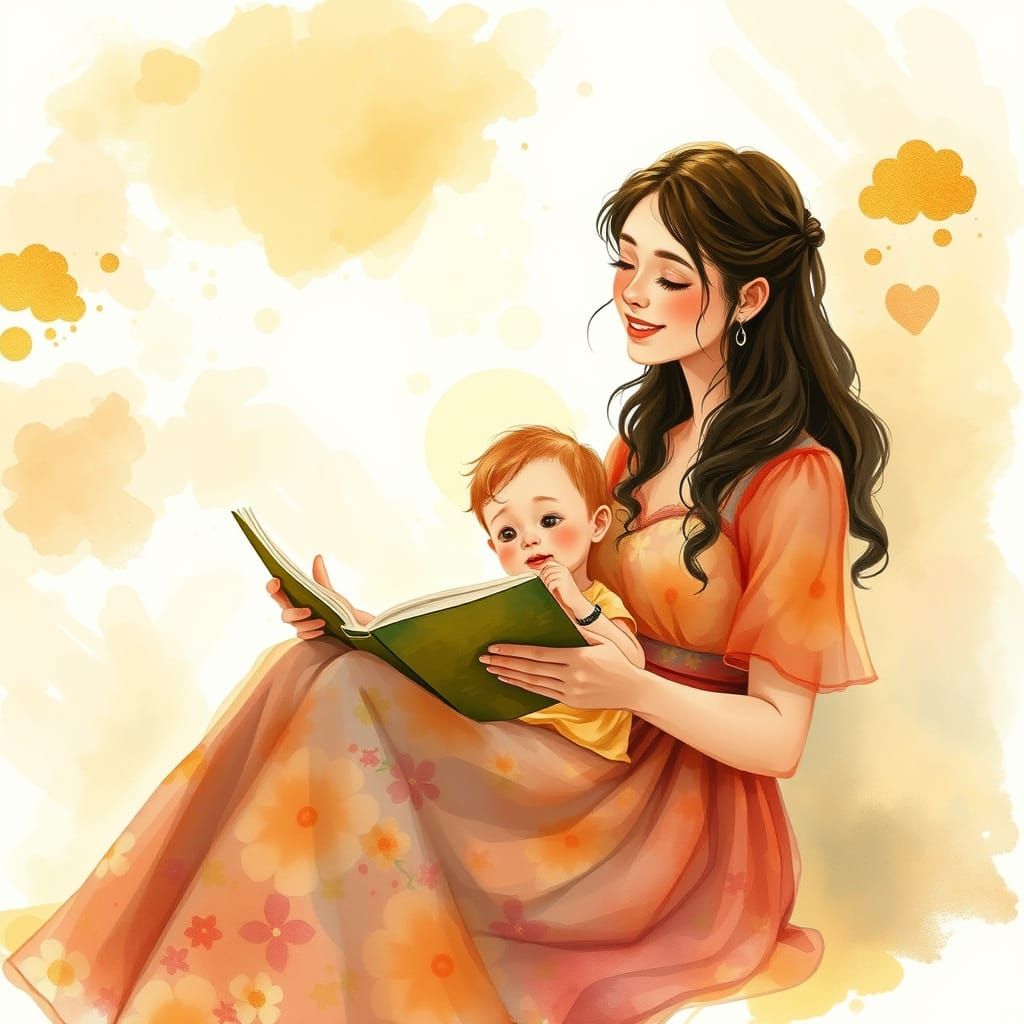 Mother Reads to Child in Whimsical Watercolor Style