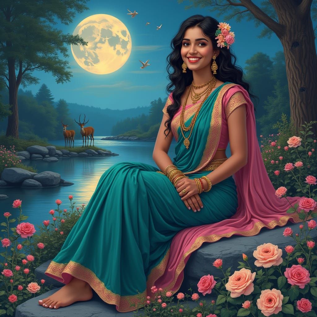 Young Woman in Serene Forest Landscape, Traditional Sari, Fl...