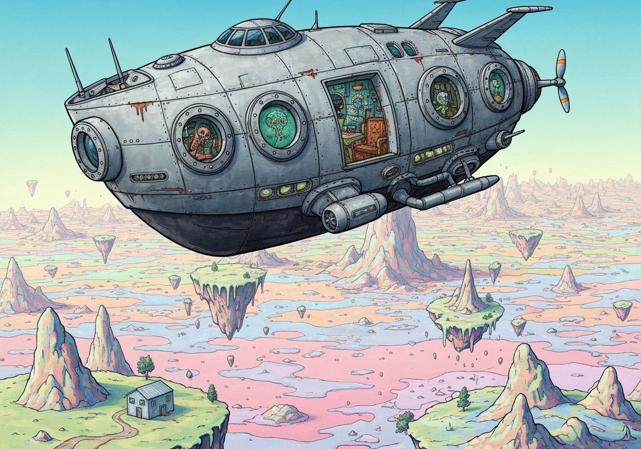 Clunky Spaceship Over Surreal Melting Asteroids in Naive Art...