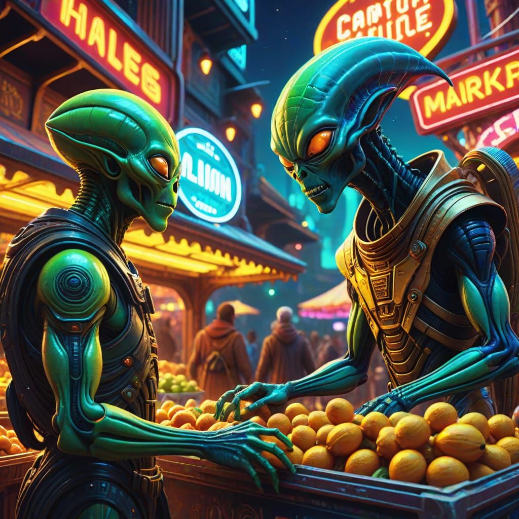 Exotic Alien Marketplace in Vibrant Digital Art