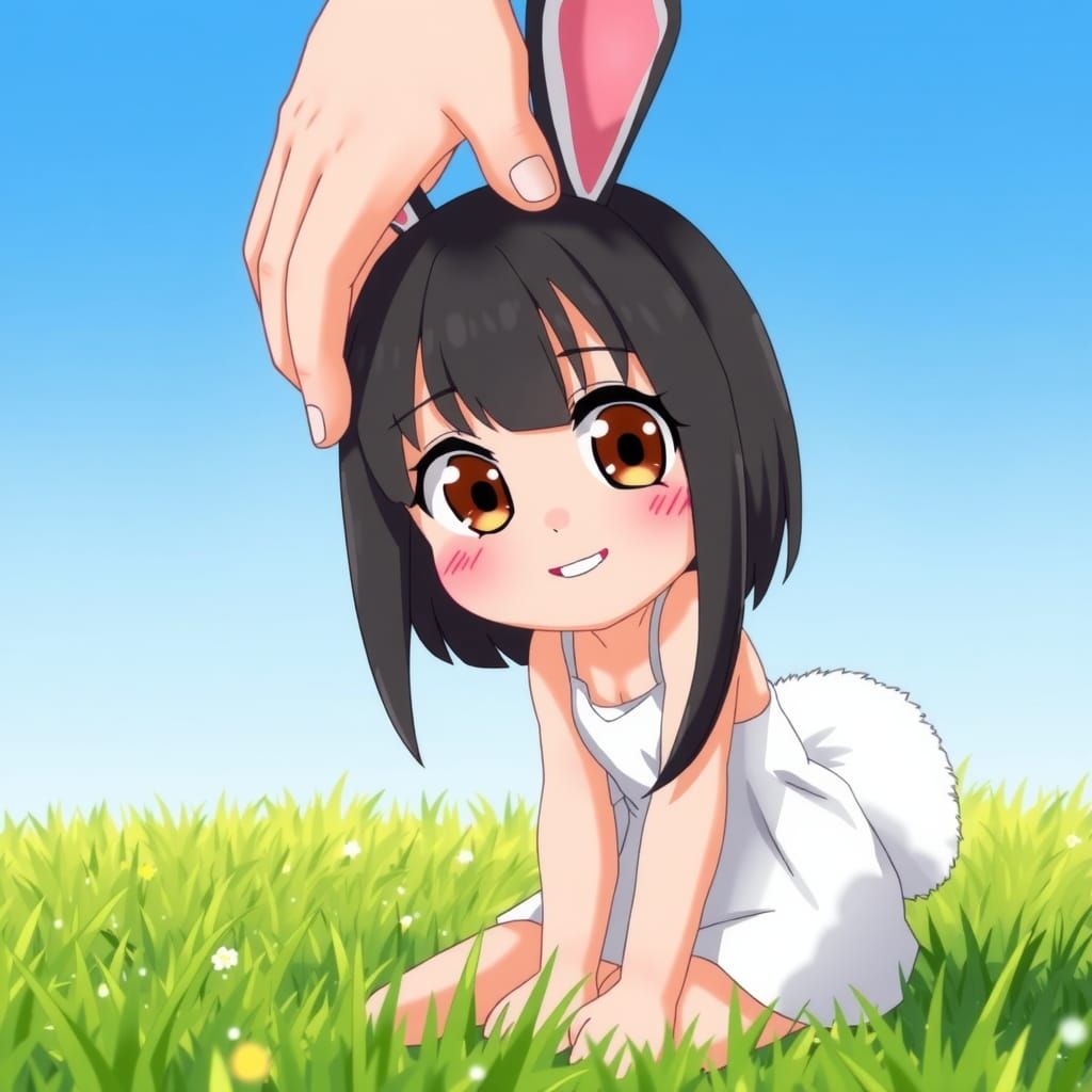 Pretty Rabbit Girl Enjoying Headpat on Grass
