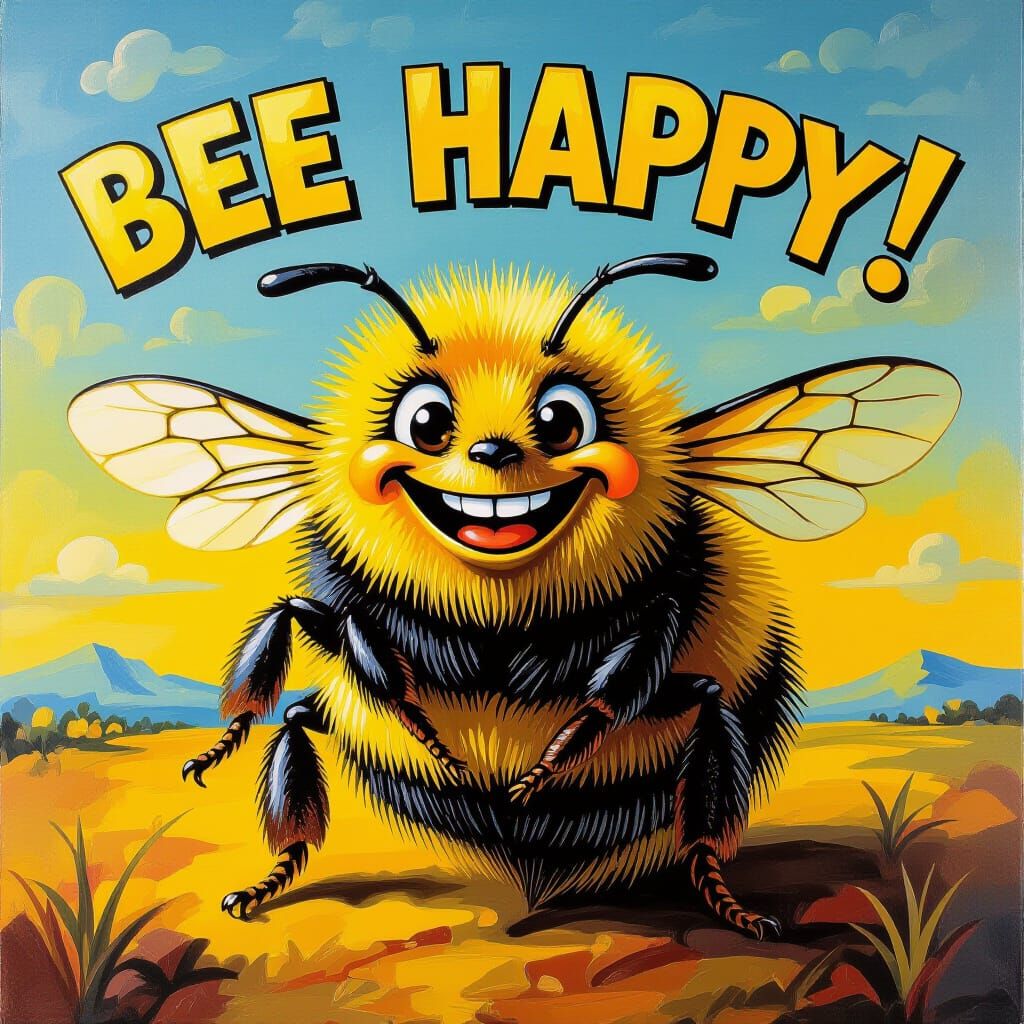 Surreal Bumble Bee with "BEE HAPPY!" in Melting Oil Painting...