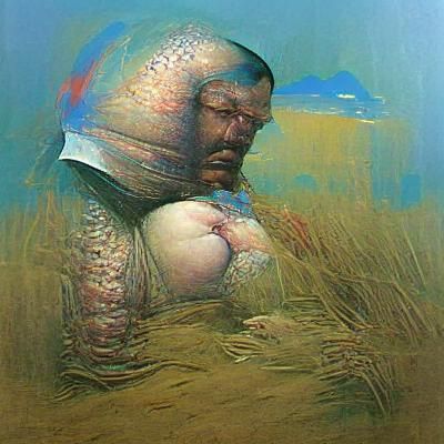 Dystopian Ocean: Obese Figure in Beksinski Style
