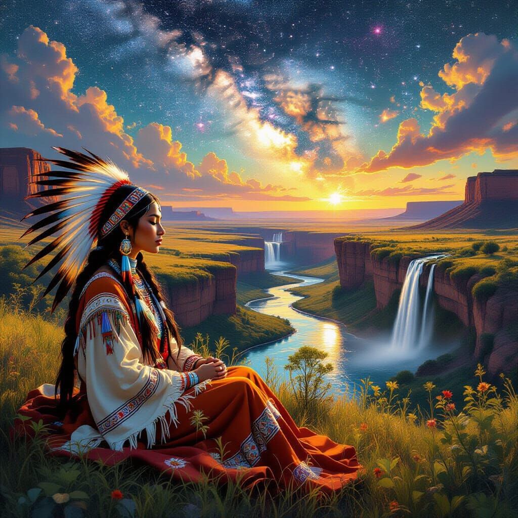 a surrealistic colourful american prairie landscape in the shape of a sleeping giant gorgeous traditional native america...