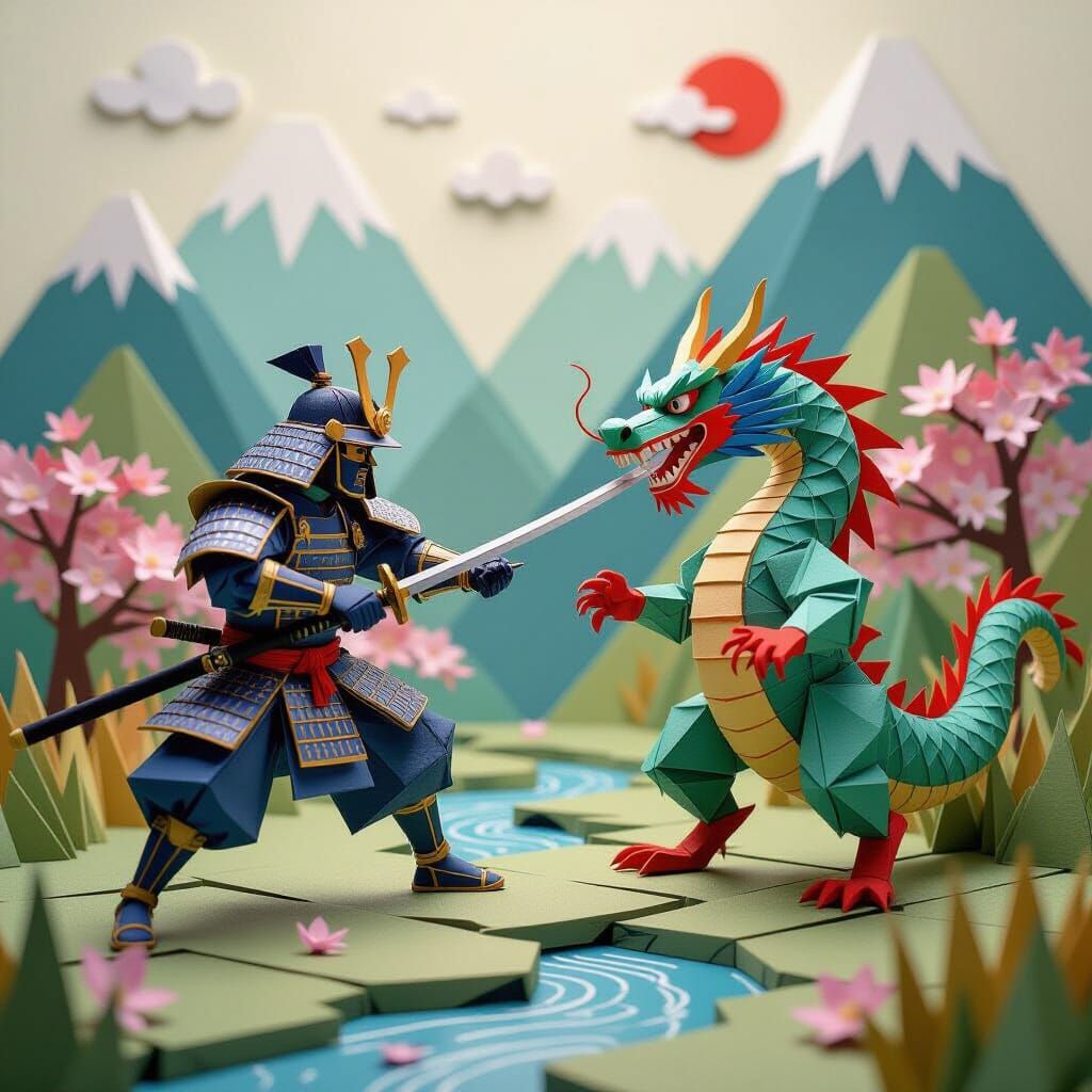 Origami Warrior Battles Paper Dragon in Japanese Landscape