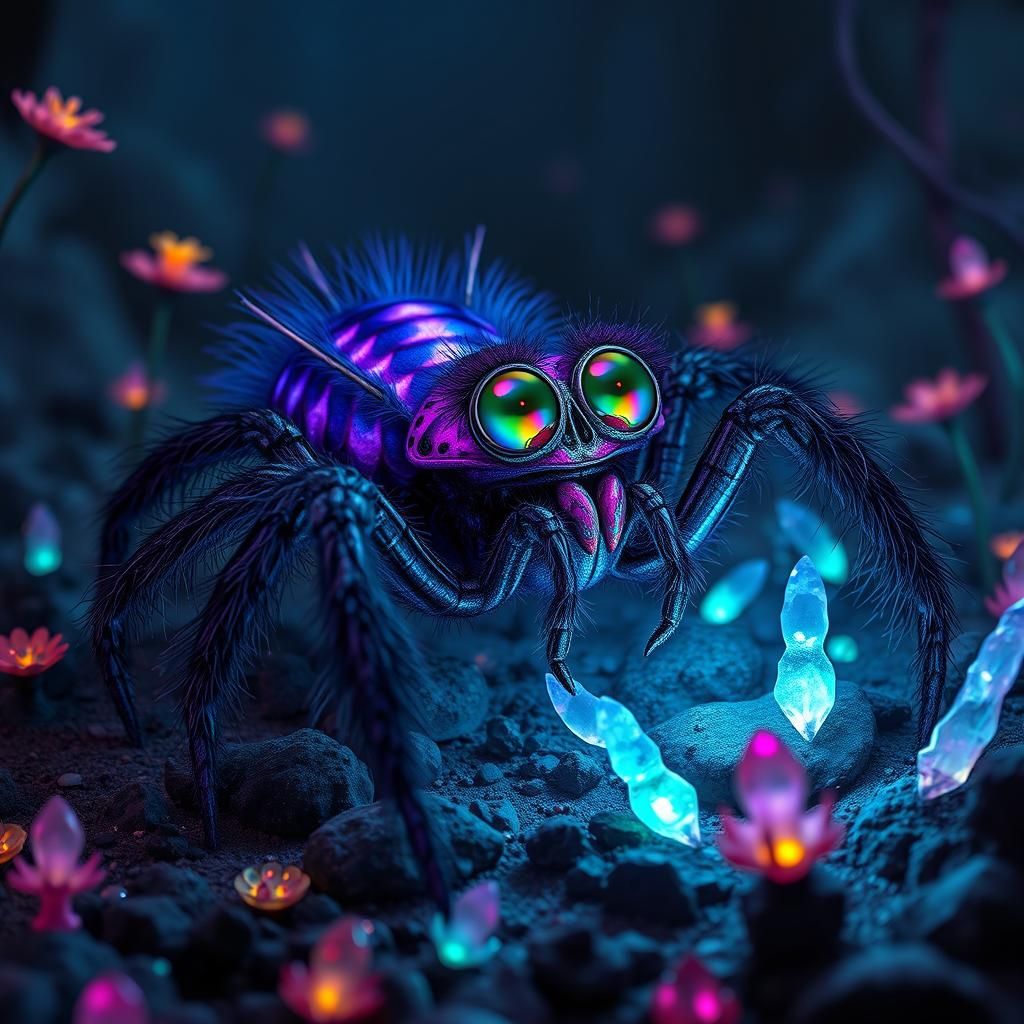 Alien Spider Creature in Bioluminescent Landscape
