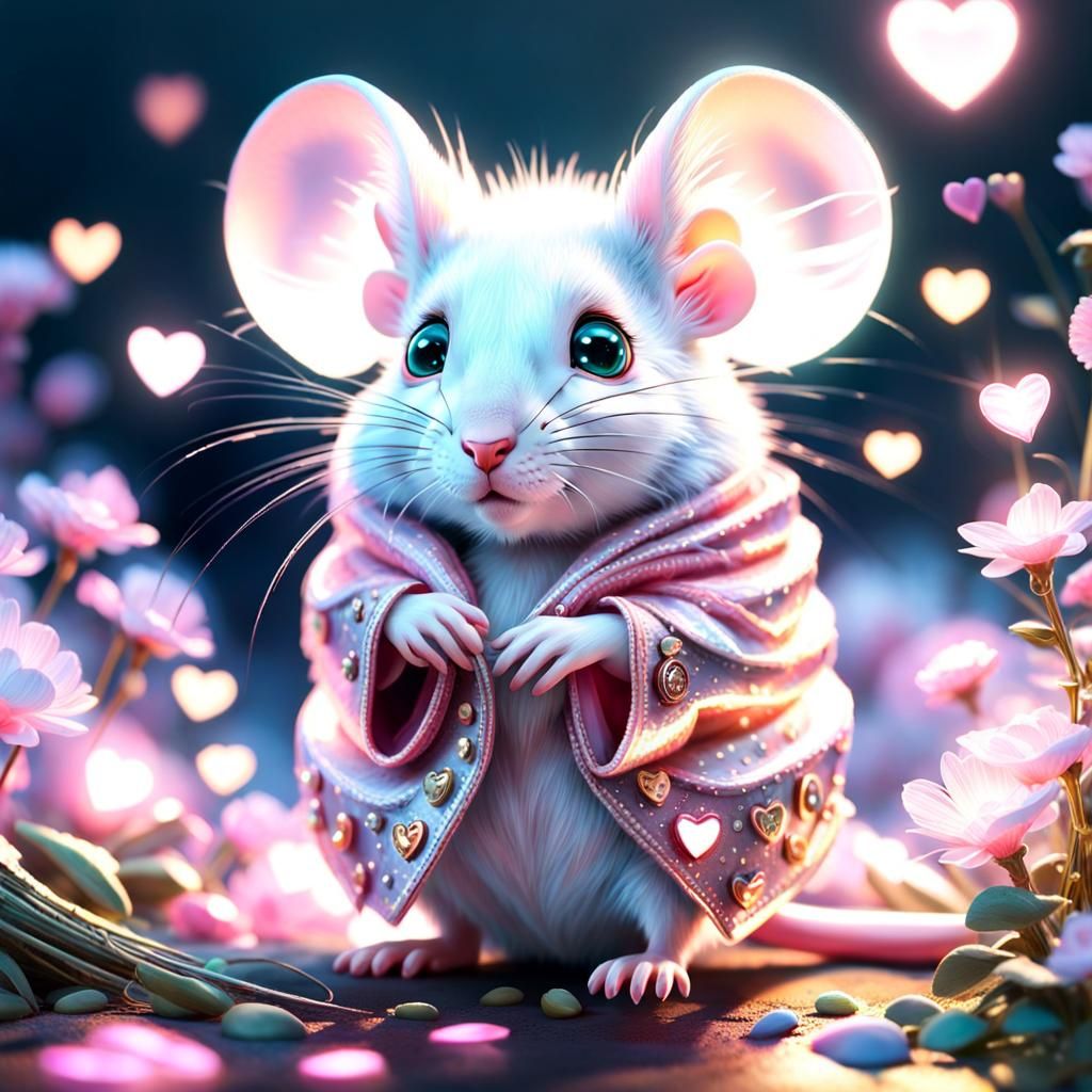 An enchanting scene of a tiny mouse radiating a pastel pink glow. Adorable, tiny, fluffy fur, pastel pink glow, sparklin...